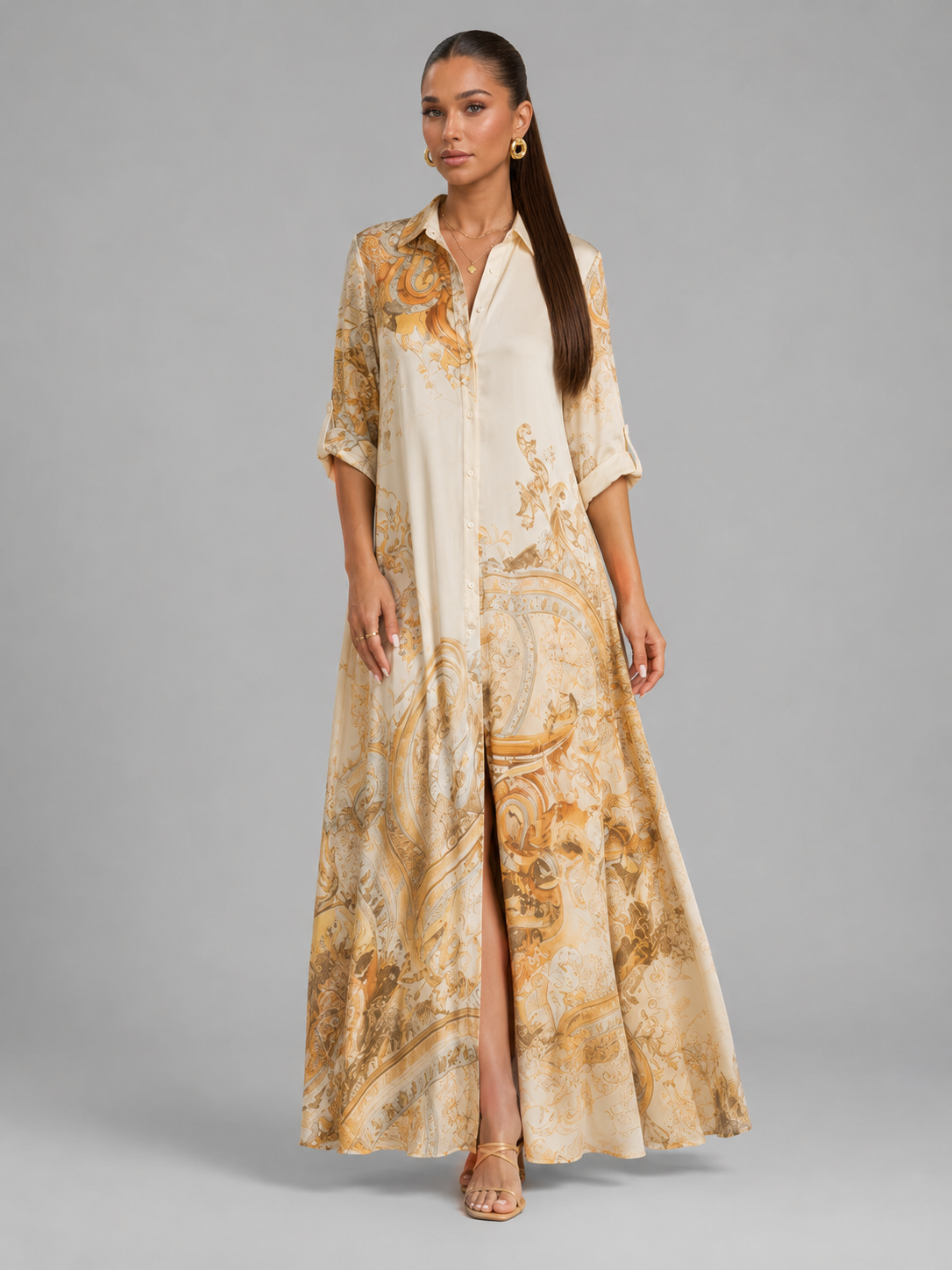 Baroque Print Button Front Shirt Maxi Dress Summer Women