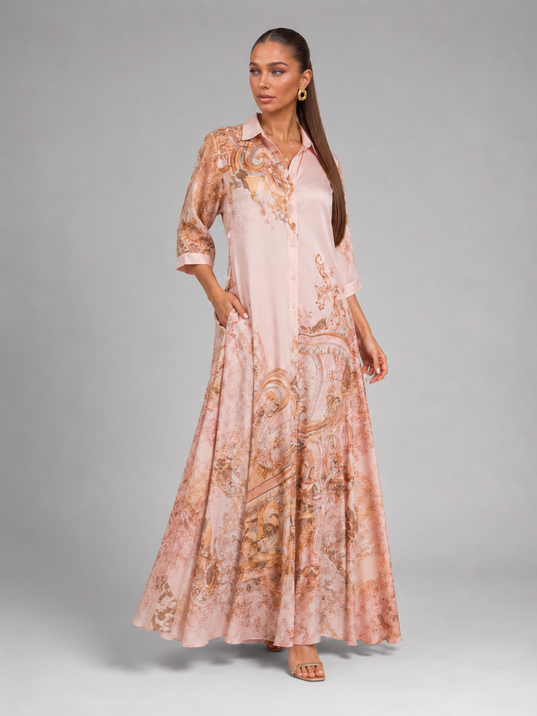 Baroque Print Button Front Shirt Maxi Dress Summer Women