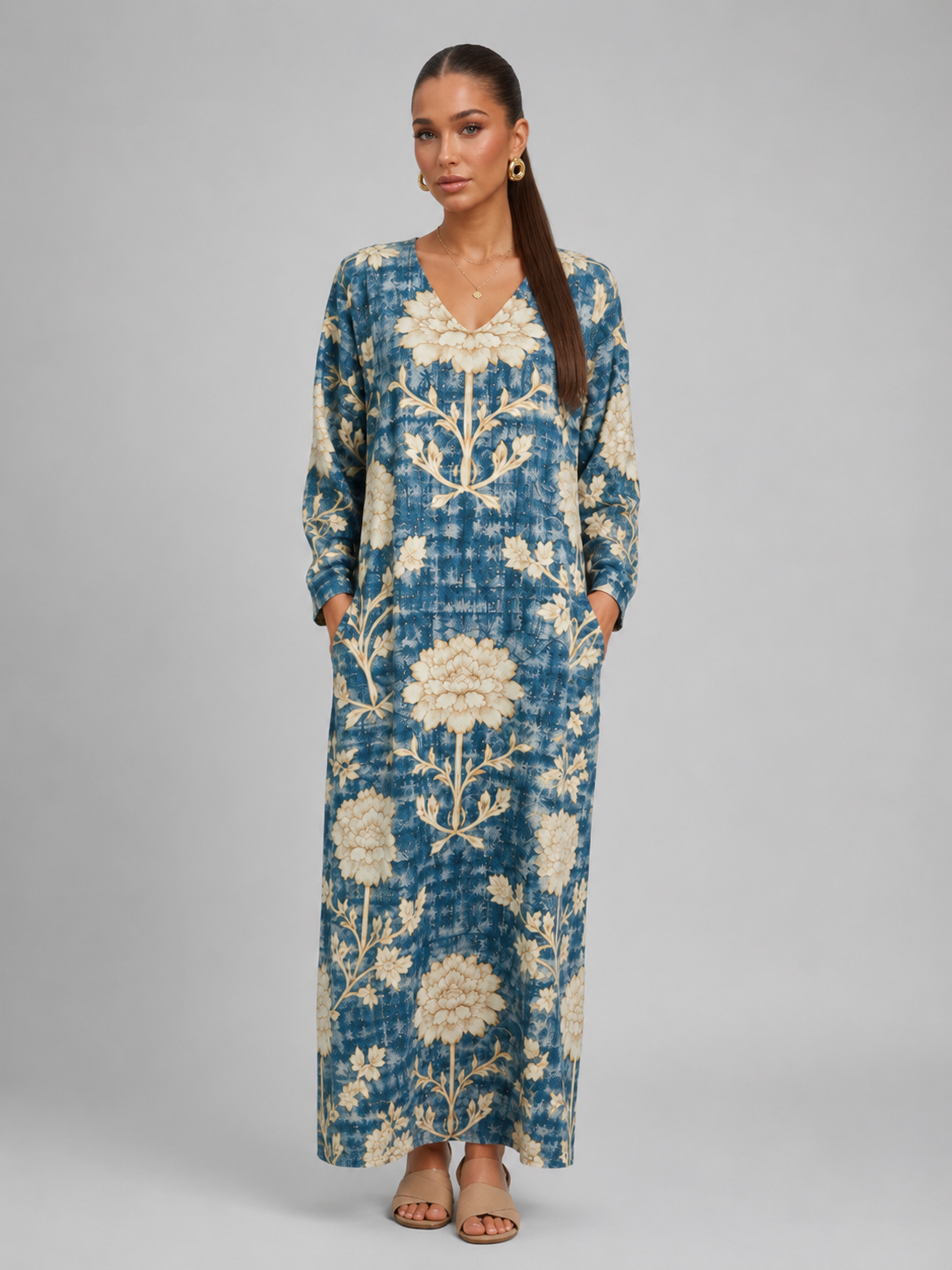 Floral Linen Look Pocket Midi Dress Summer Women
