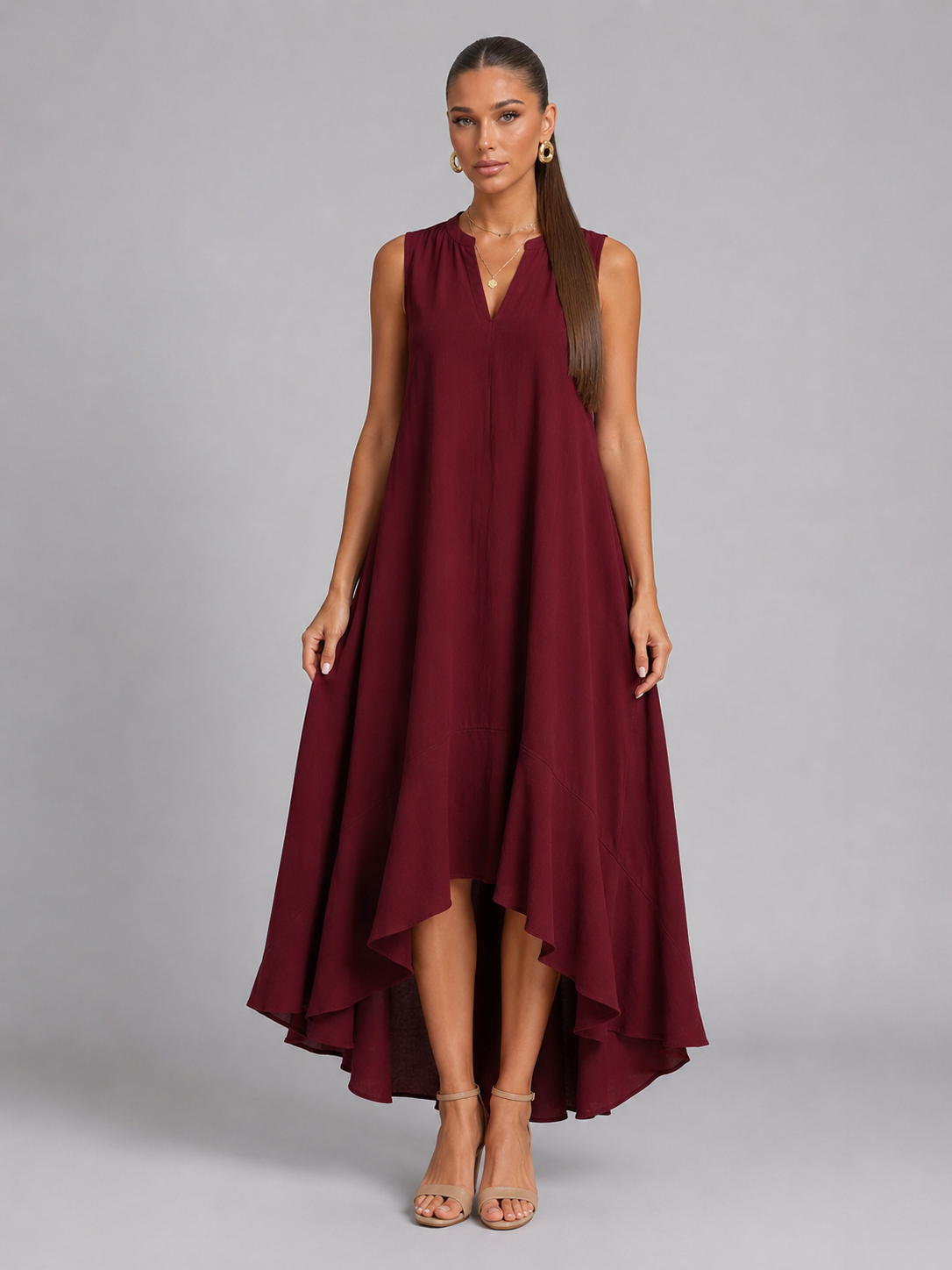 V Neck Asymmetric Hem Flowy Maxi Dress Summer Women