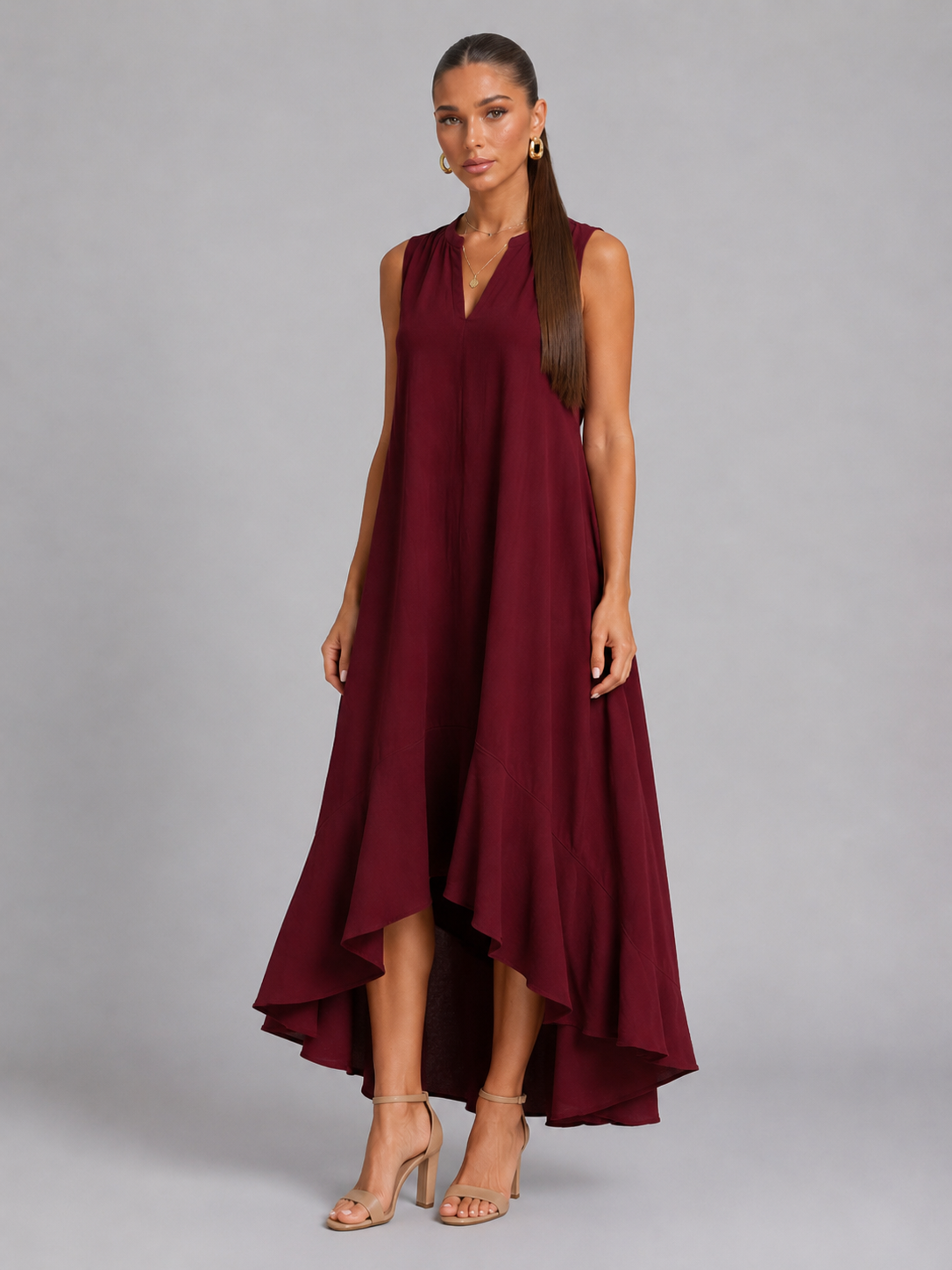 V Neck Asymmetric Hem Flowy Maxi Dress Summer Women