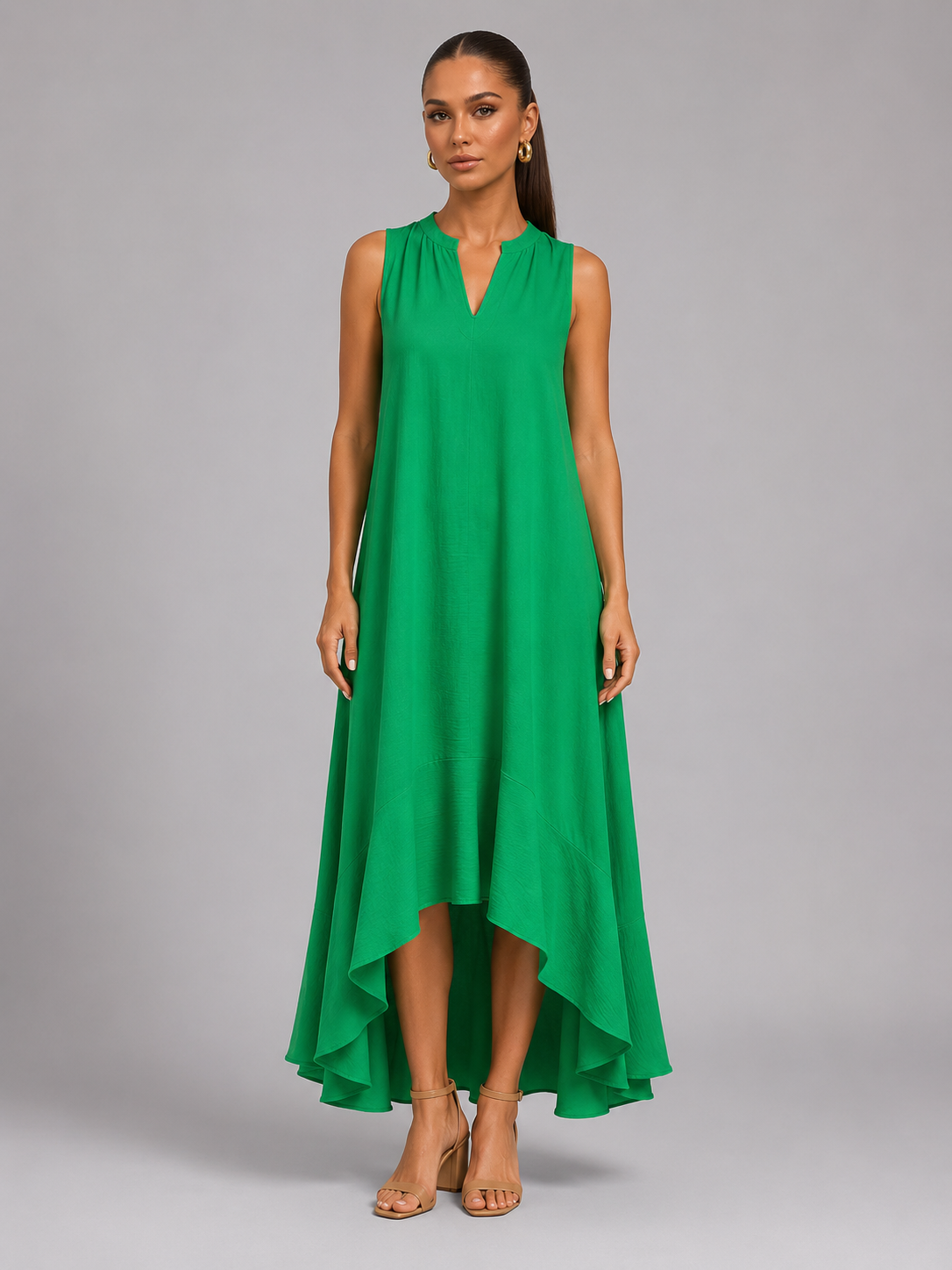 V Neck Asymmetric Hem Flowy Maxi Dress Summer Women