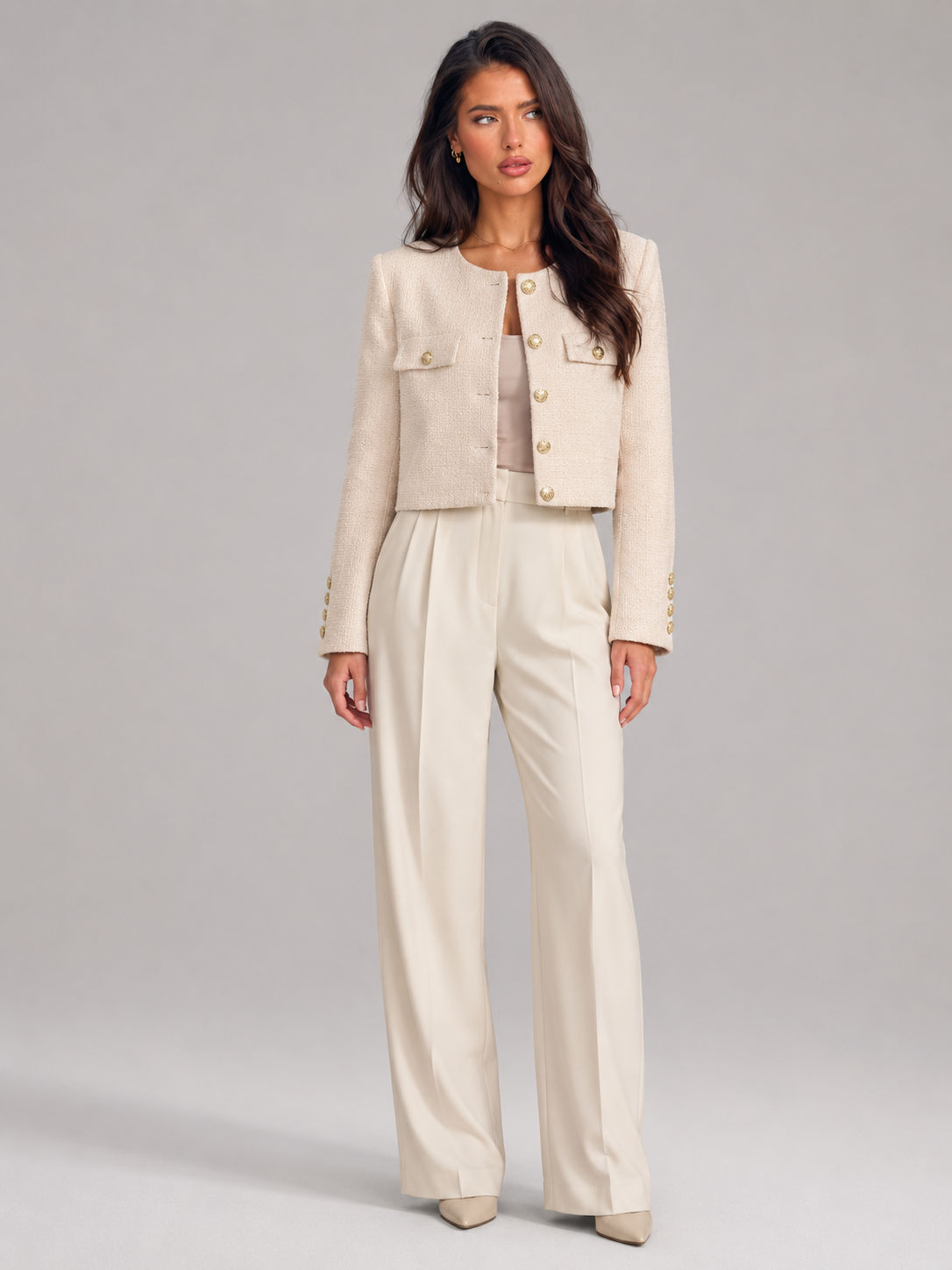 Tweed Cropped Jacket with Gold Buttons