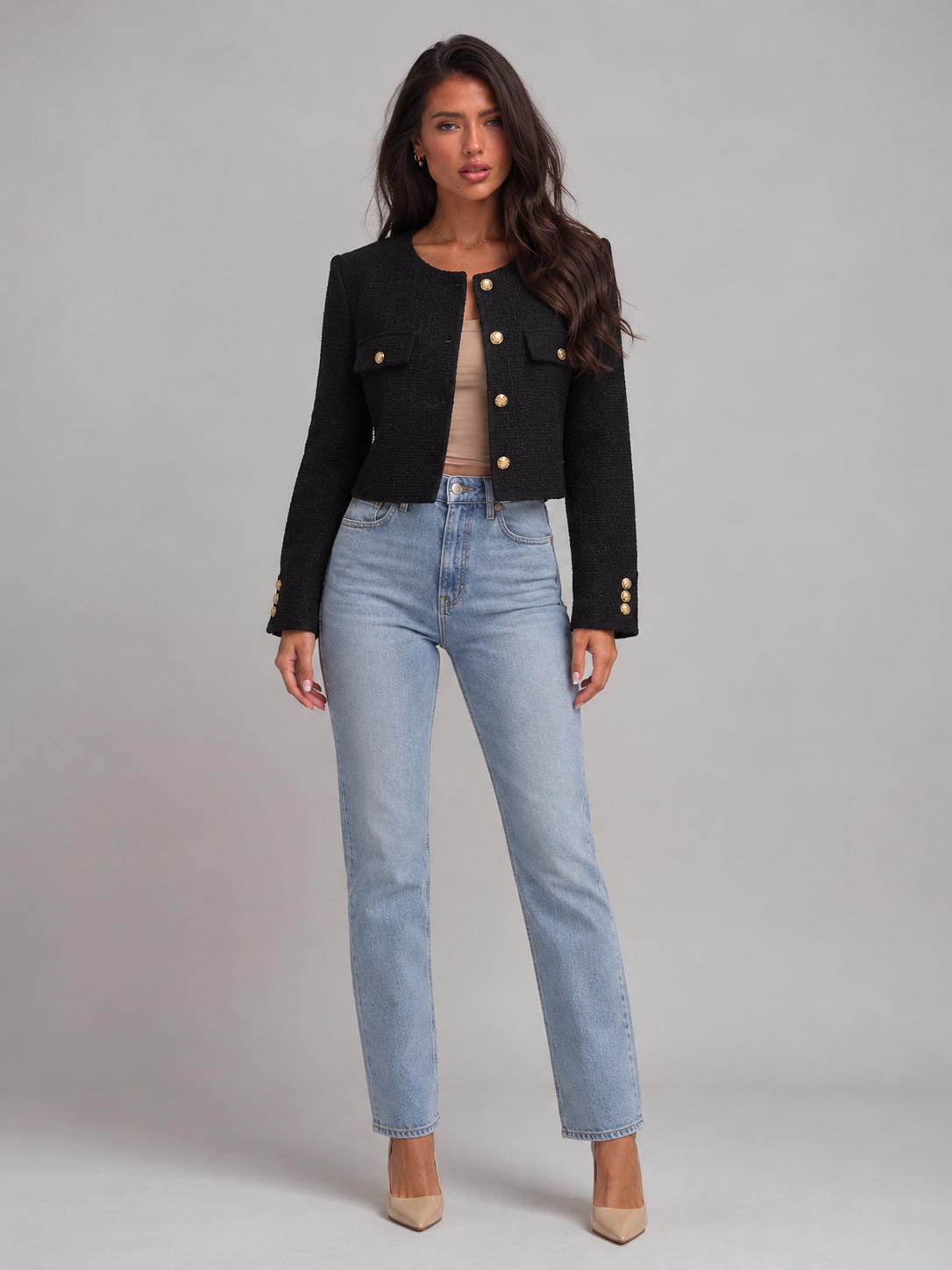 Tweed Cropped Jacket with Gold Buttons
