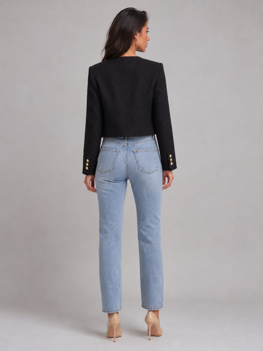 Tweed Cropped Jacket with Gold Buttons