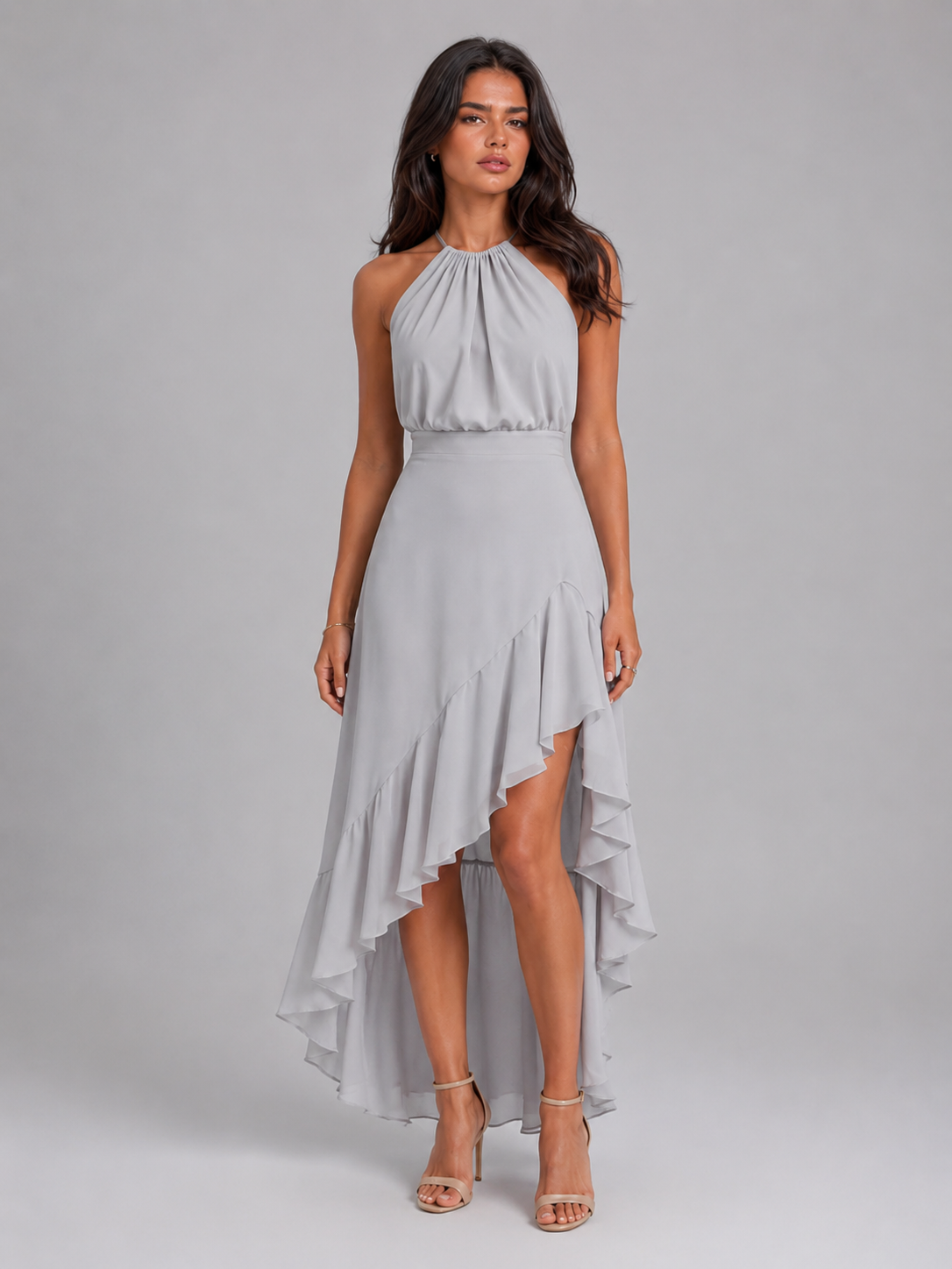 Halter Ruffle Midi Dress Wedding Guest
