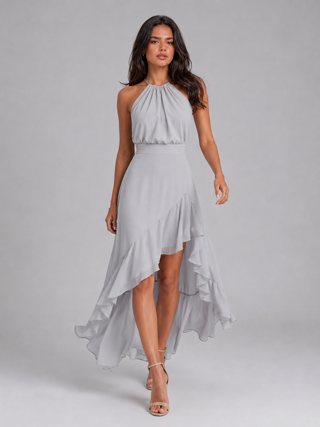 Halter Ruffle Midi Dress Wedding Guest