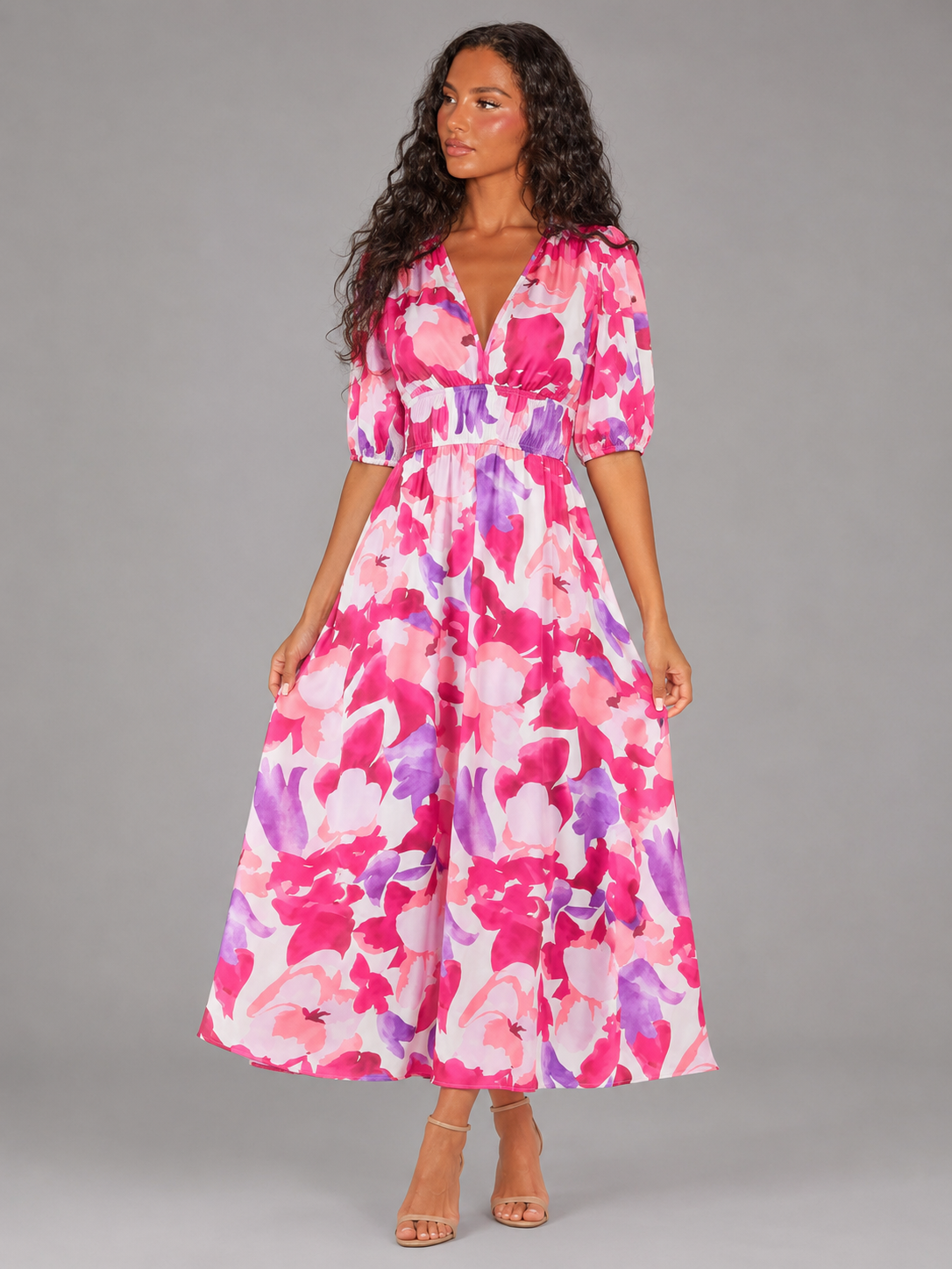 Floral V Neck Sleeveless Midi Dress Wedding Guest