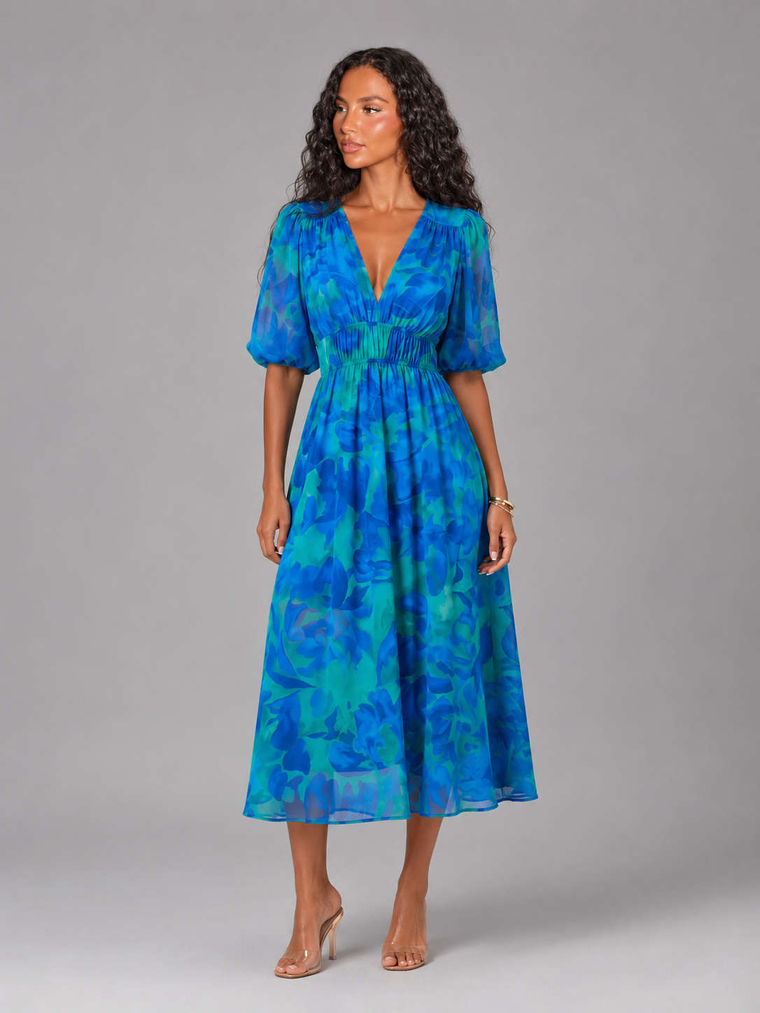 Floral V Neck Sleeveless Midi Dress Wedding Guest
