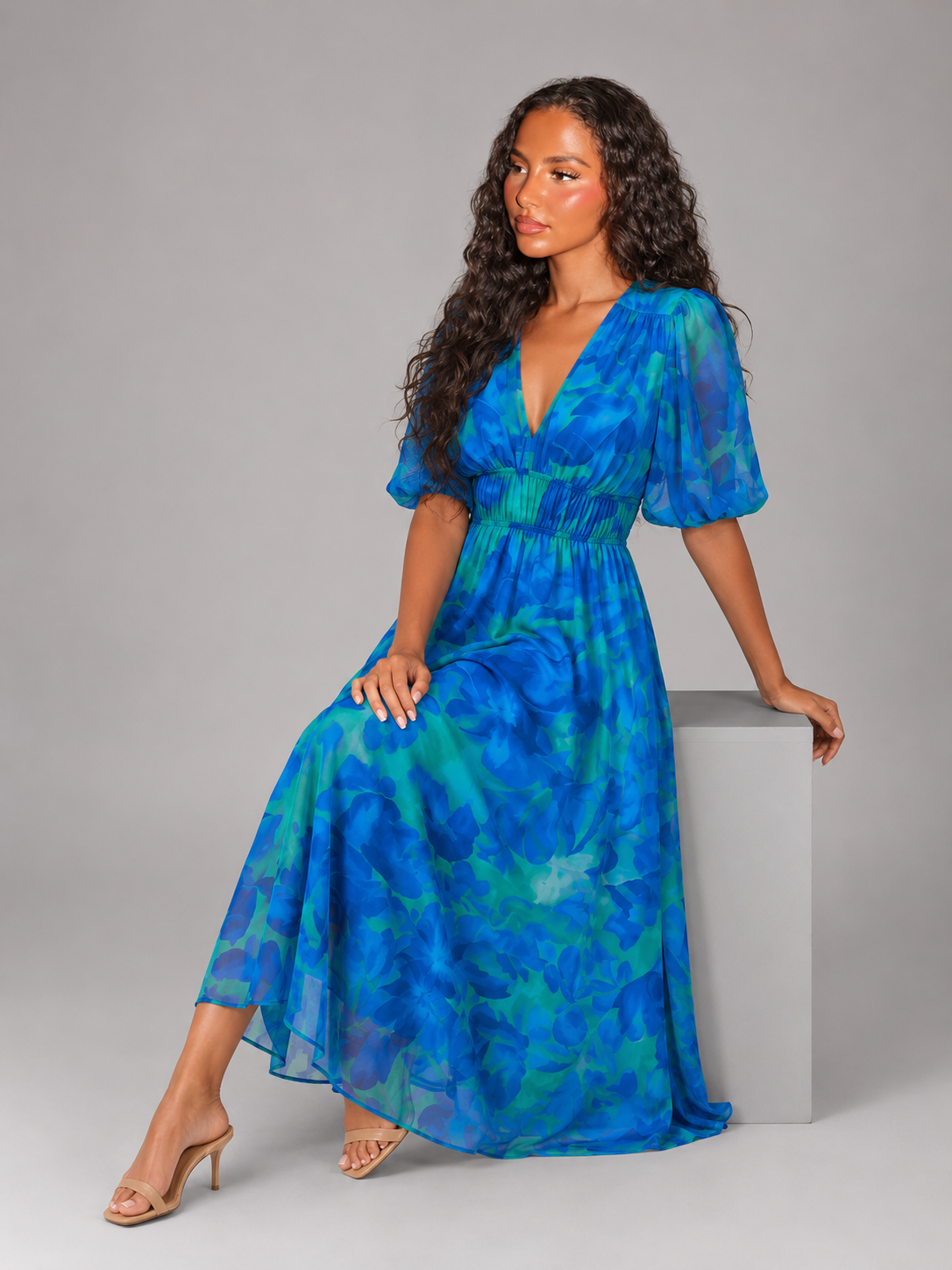 Floral V Neck Sleeveless Midi Dress Wedding Guest