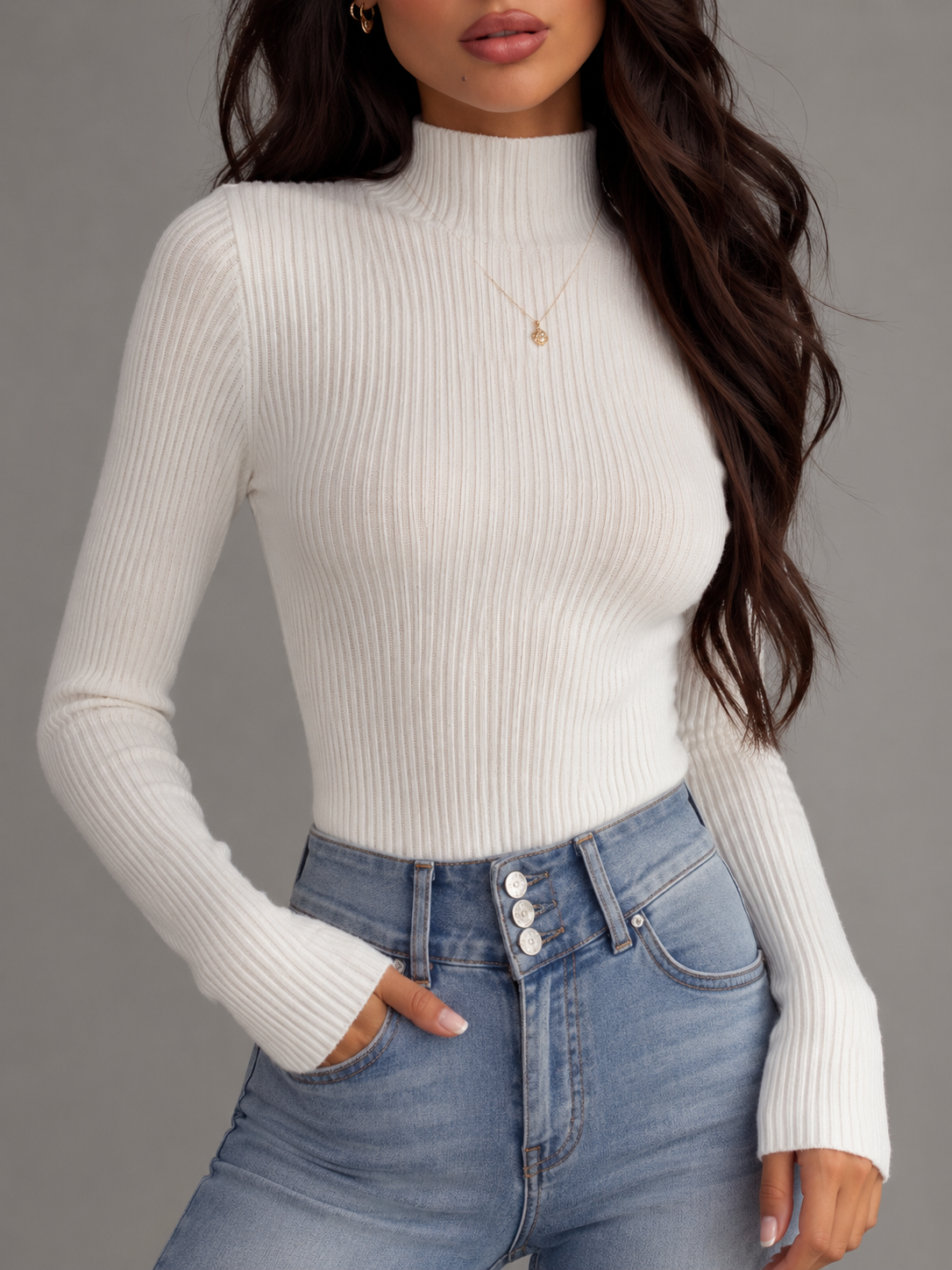 Ribbed Mock Neck Long Sleeve Knit Top Autumn Women