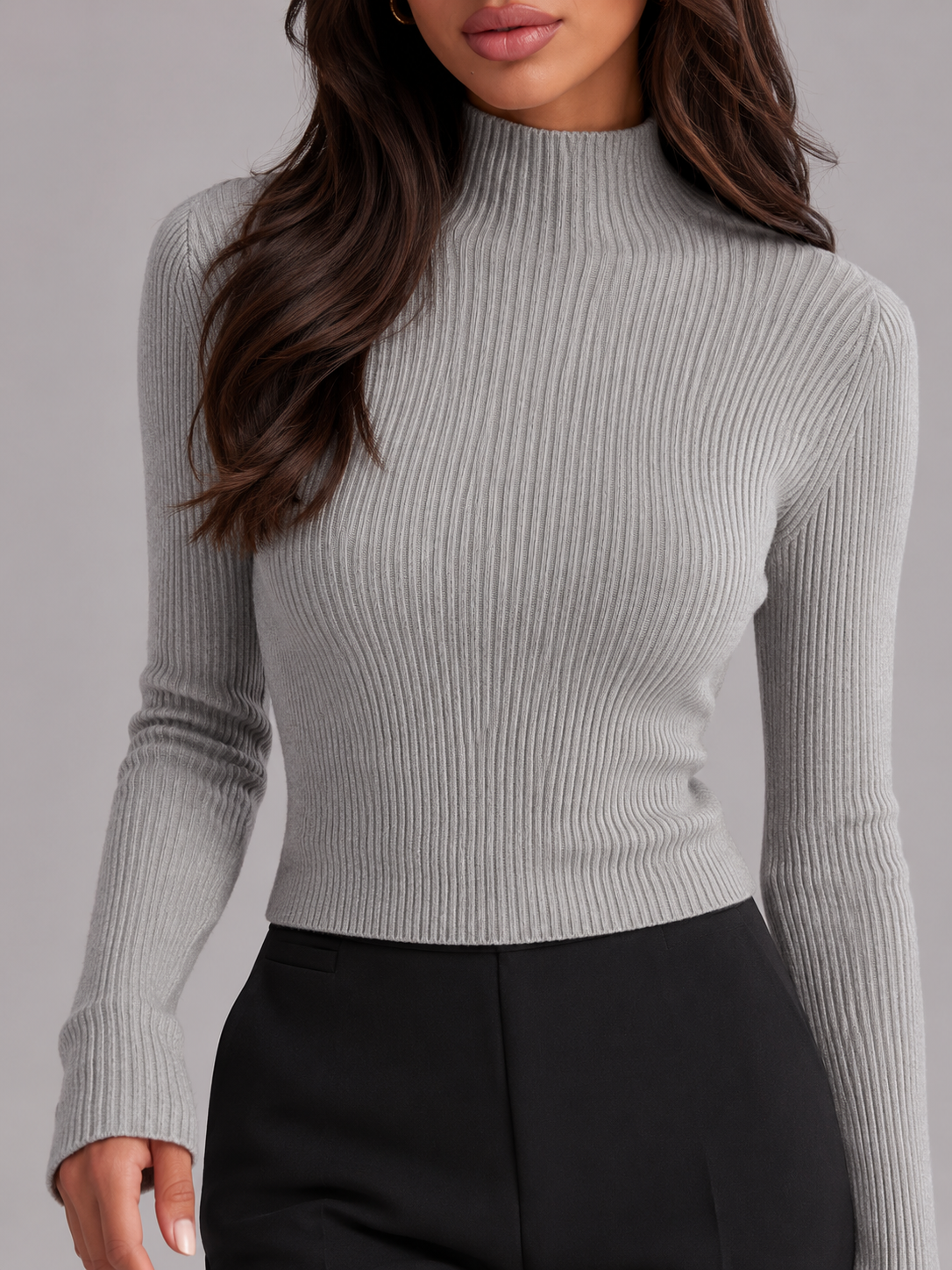 Ribbed Mock Neck Long Sleeve Knit Top Autumn Women