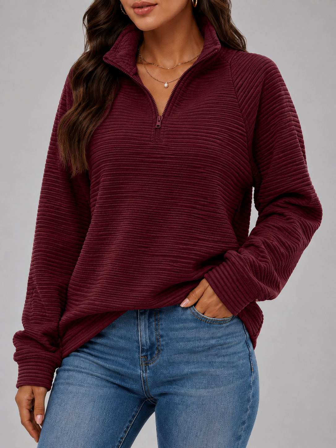 Ribbed Half Zip Pullover Autumn Women