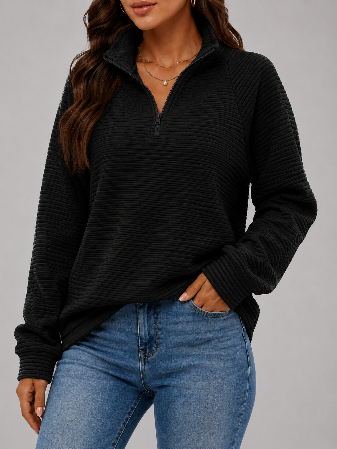 Ribbed Half Zip Pullover Autumn Women