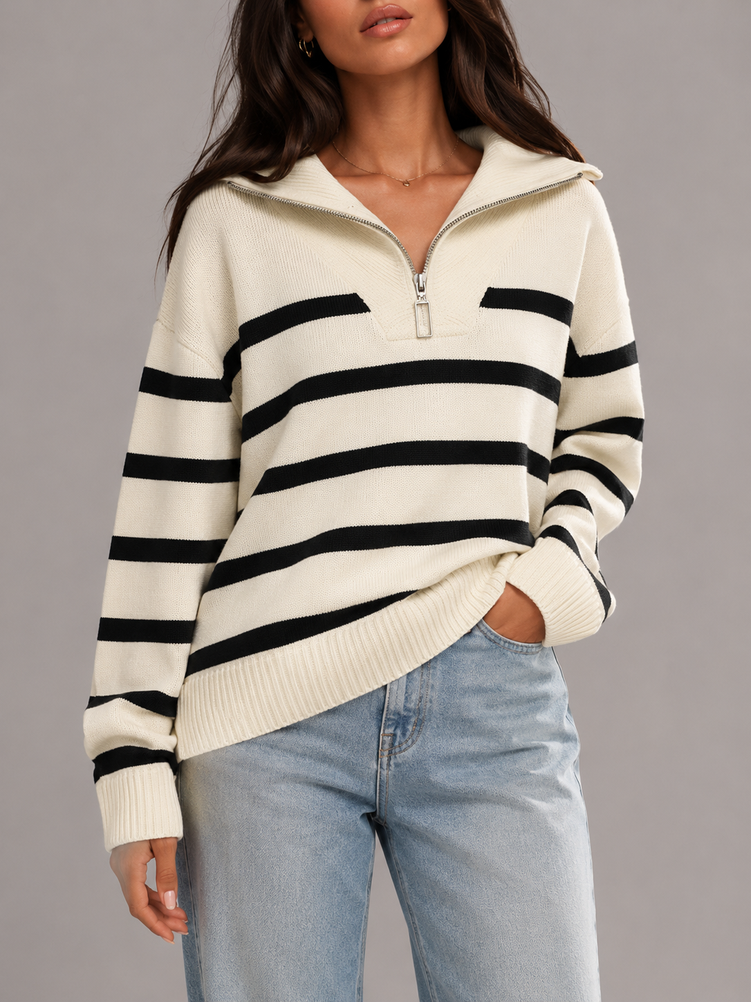 Striped Half Zip Knit Sweater Autumn Women