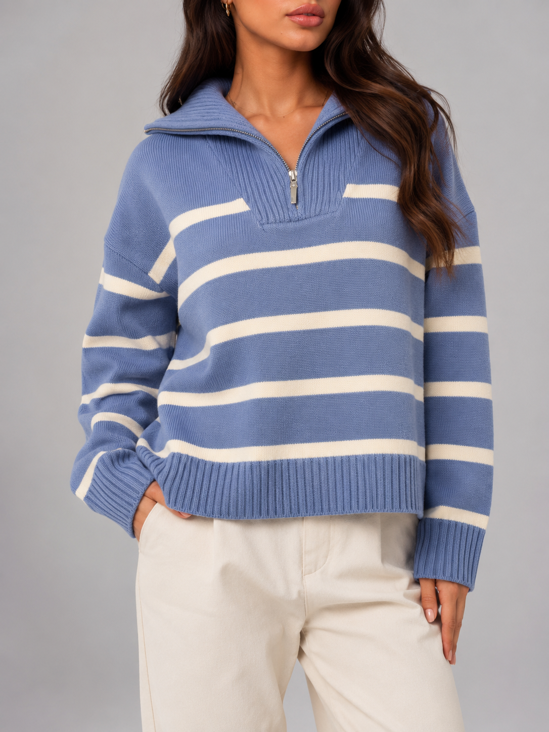 Striped Half Zip Knit Sweater Autumn Women