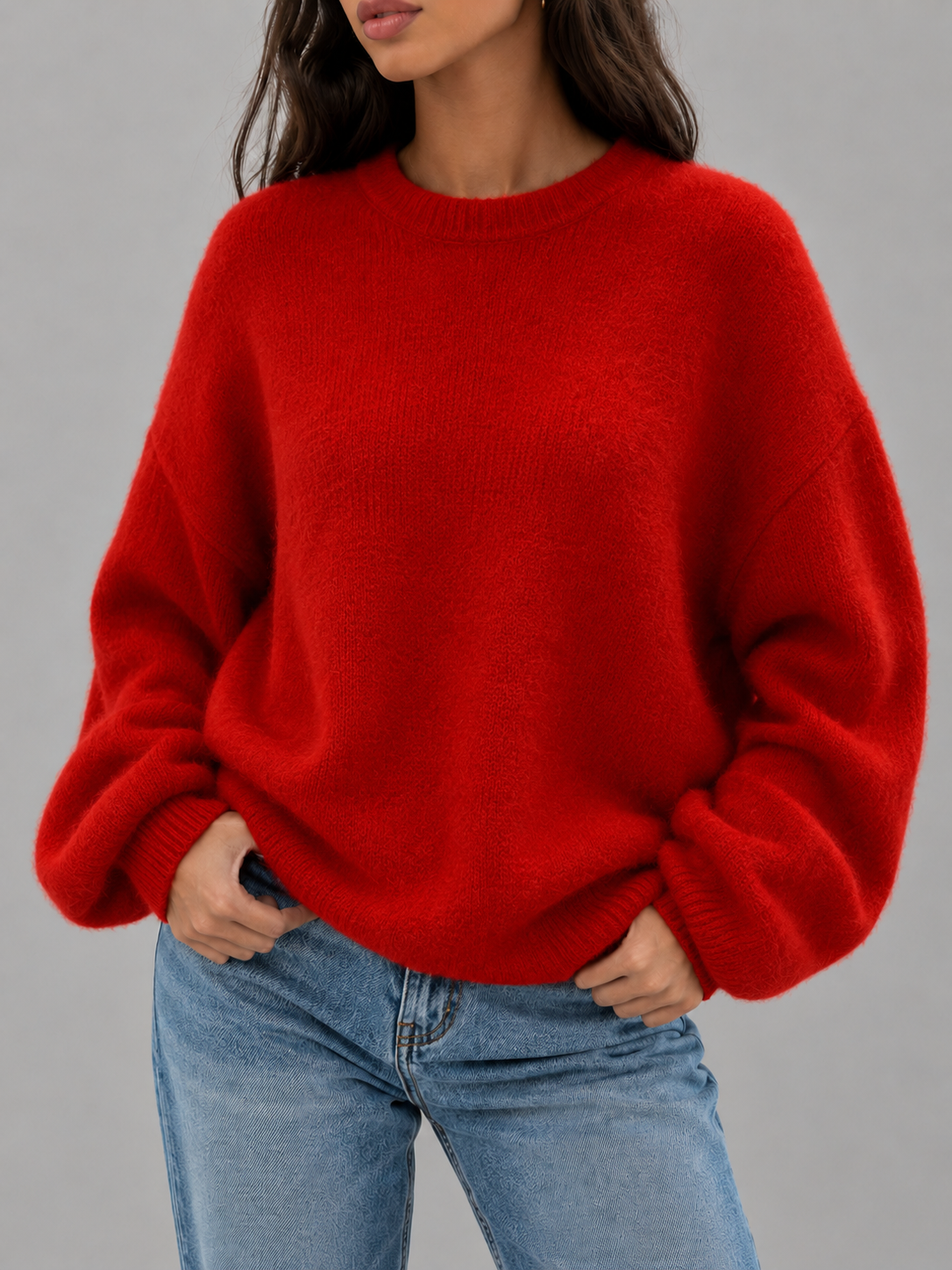 Fuzzy Knit Crew Neck Sweater Autumn Women