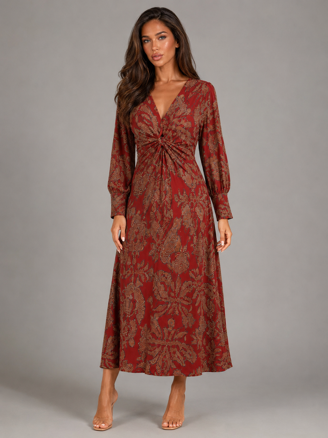 Printed V Neck Midi Dress Wedding Guest