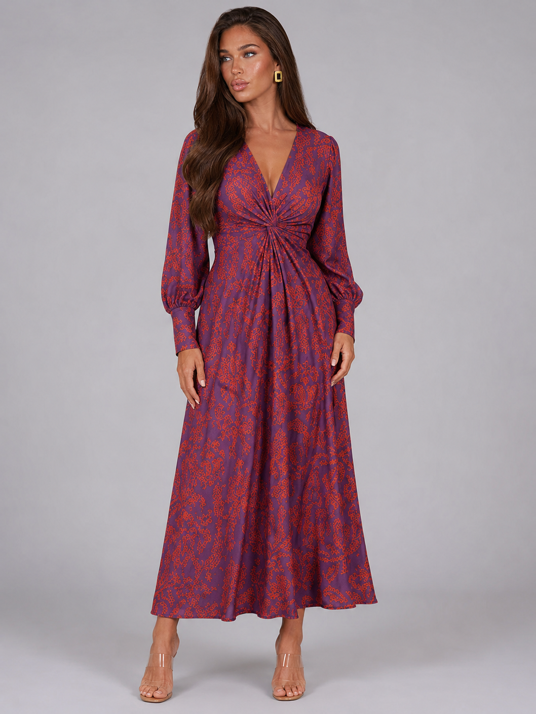 Printed V Neck Midi Dress Wedding Guest