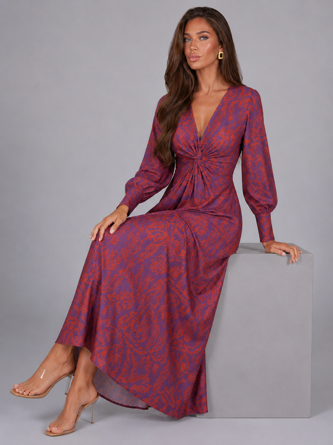 Printed V Neck Midi Dress Wedding Guest