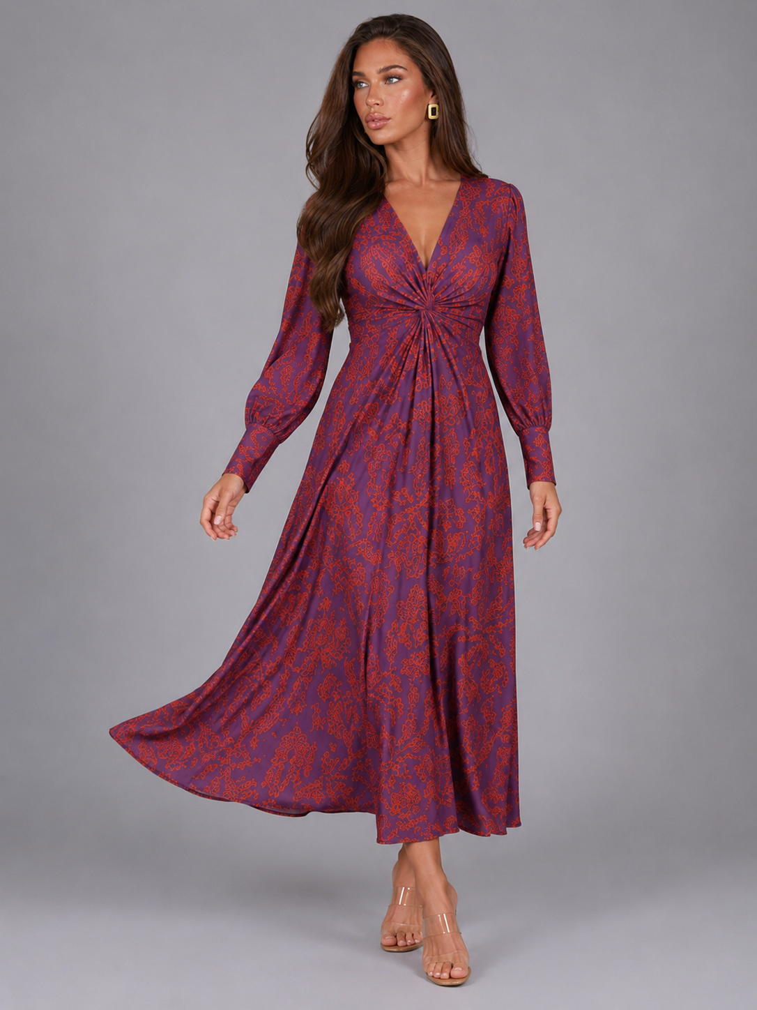 Printed V Neck Midi Dress Wedding Guest