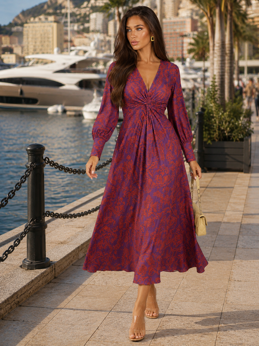 Printed V Neck Midi Dress Wedding Guest