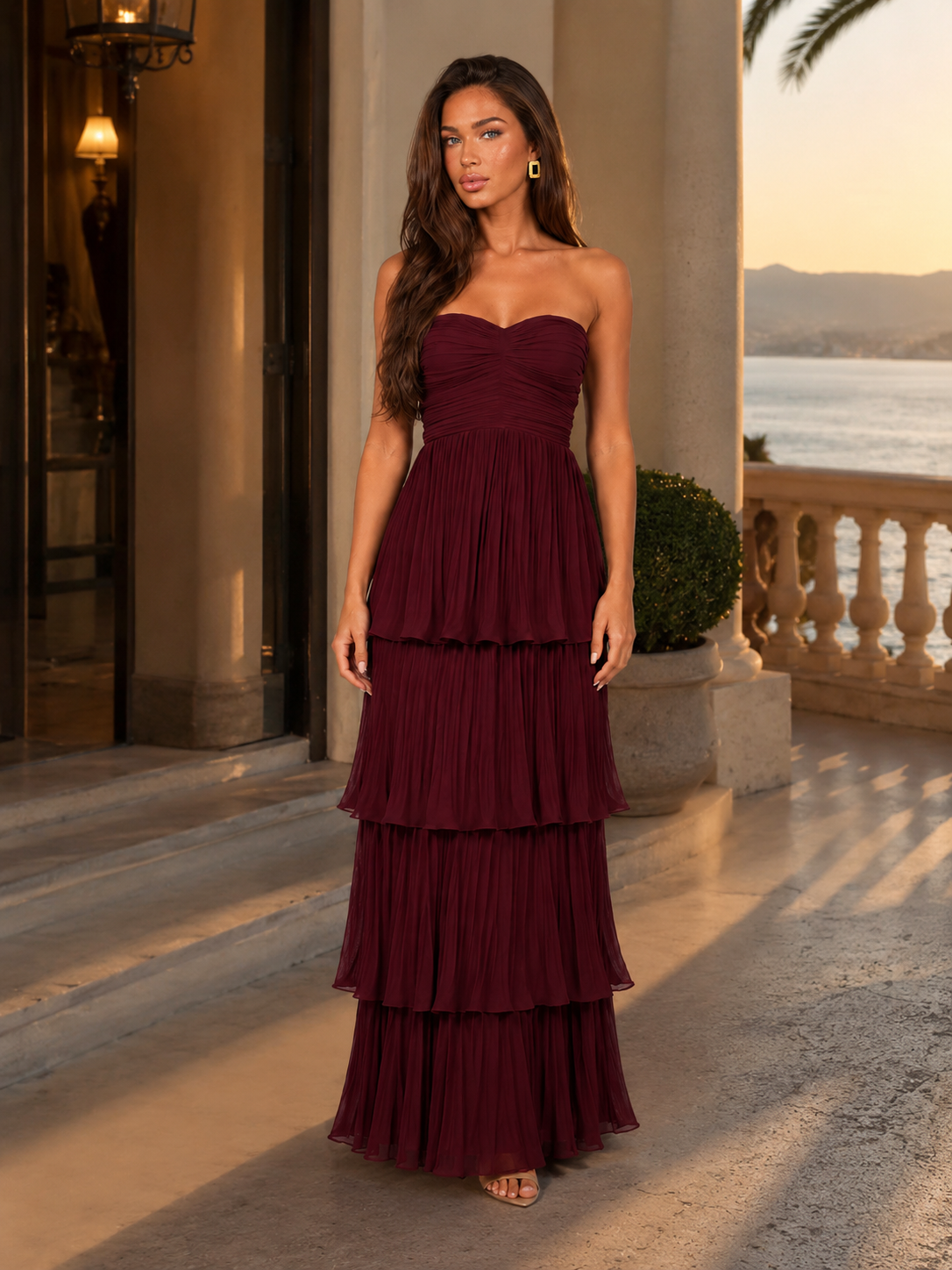 Strapless Tiered Maxi Dress Evening Women
