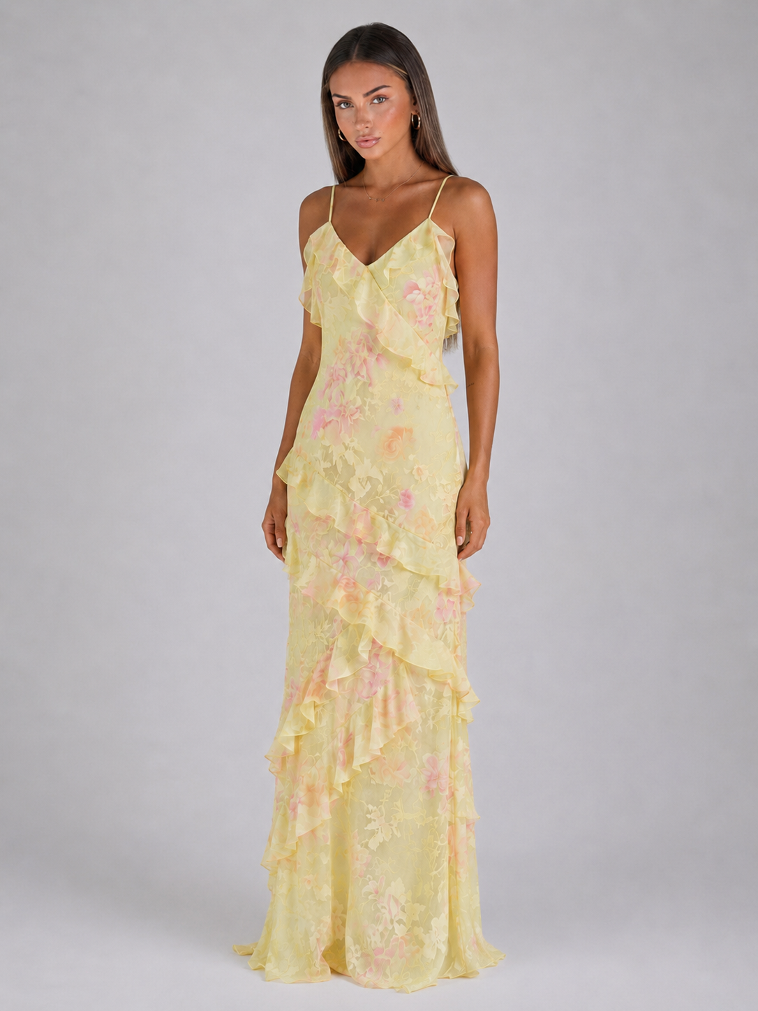 Floral Chiffon Ruffle Maxi Dress Wedding Guest