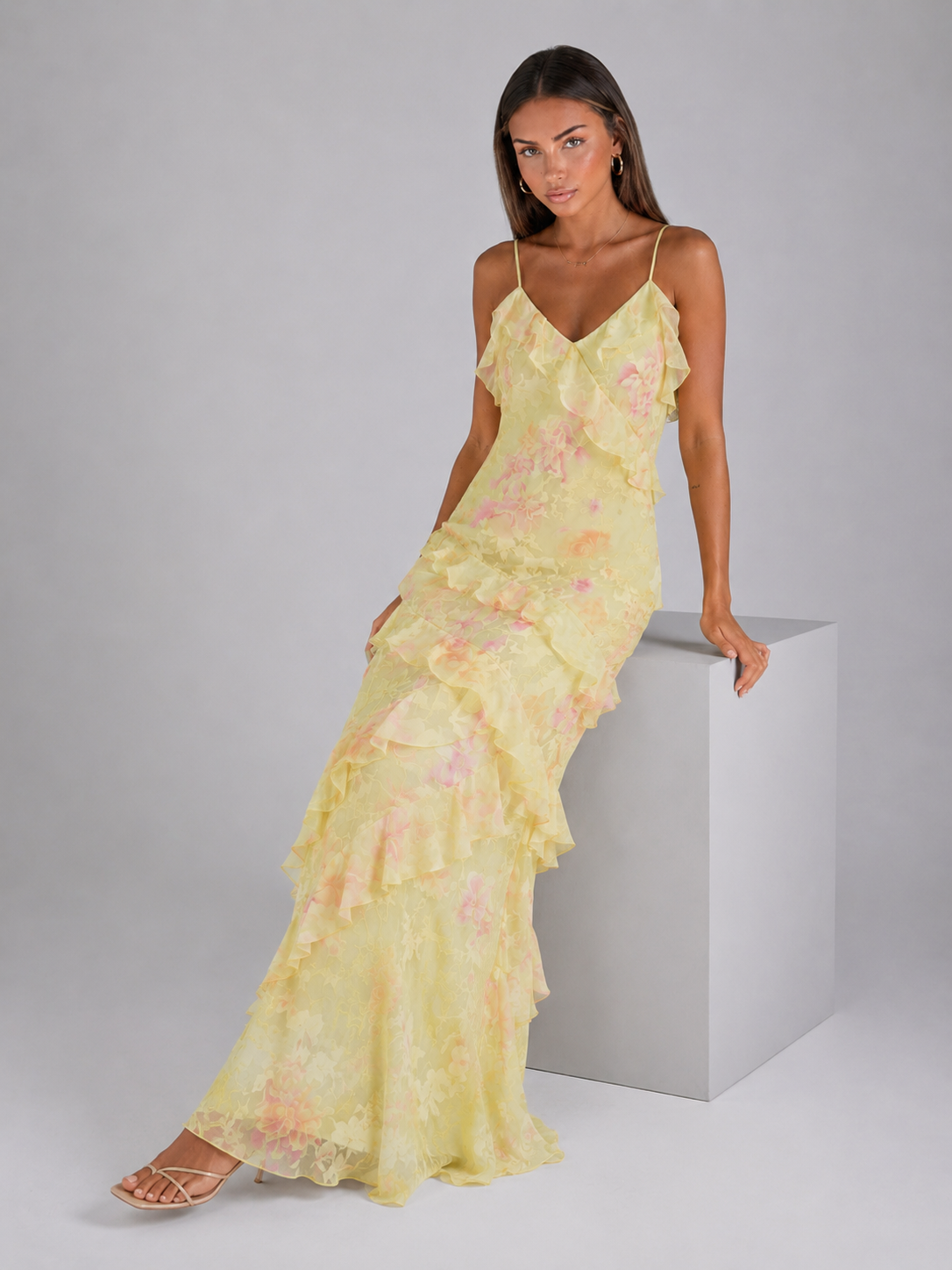 Floral Chiffon Ruffle Maxi Dress Wedding Guest