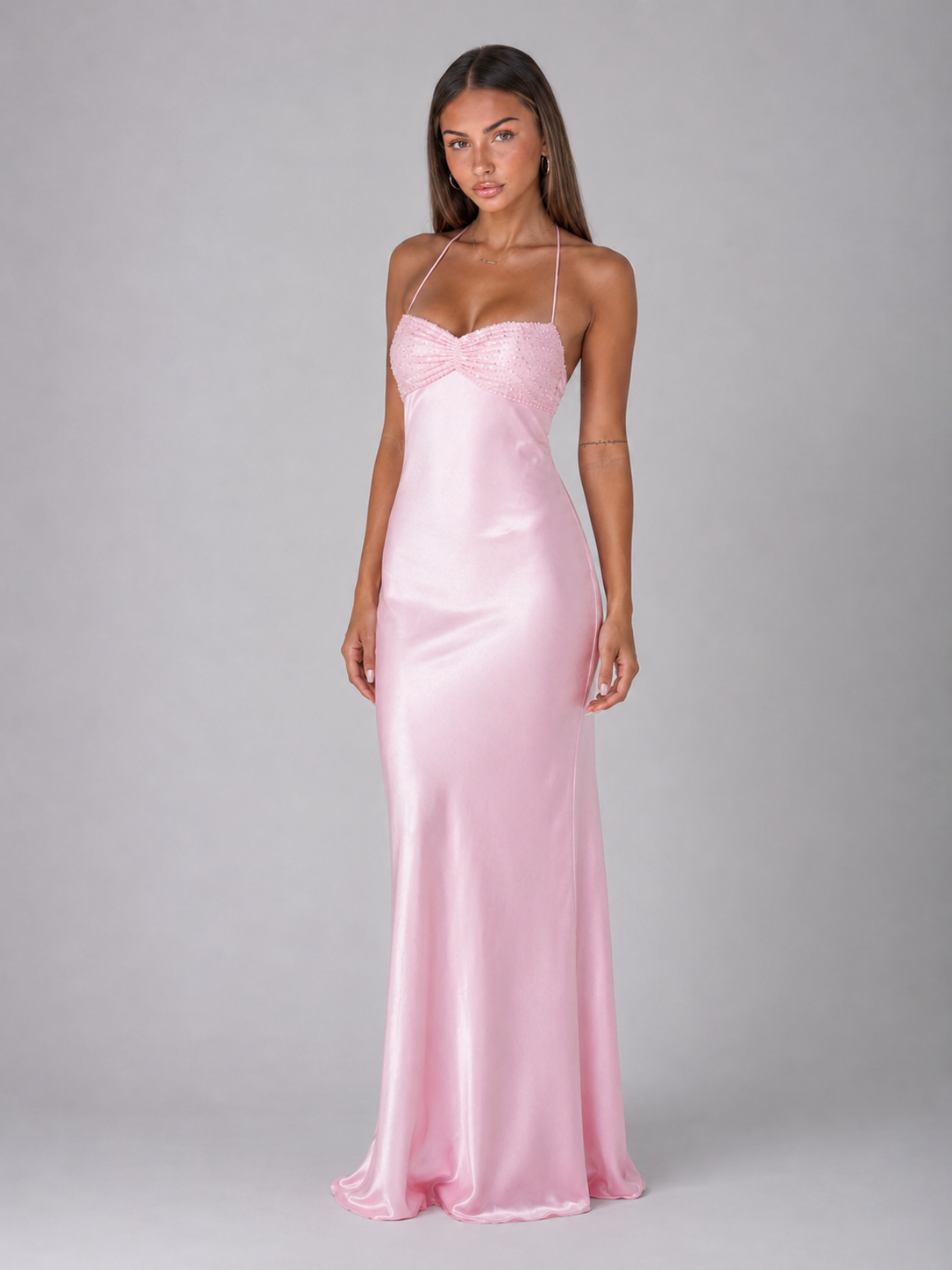 Pearl Beaded Satin Feel Maxi Dress Evening Women