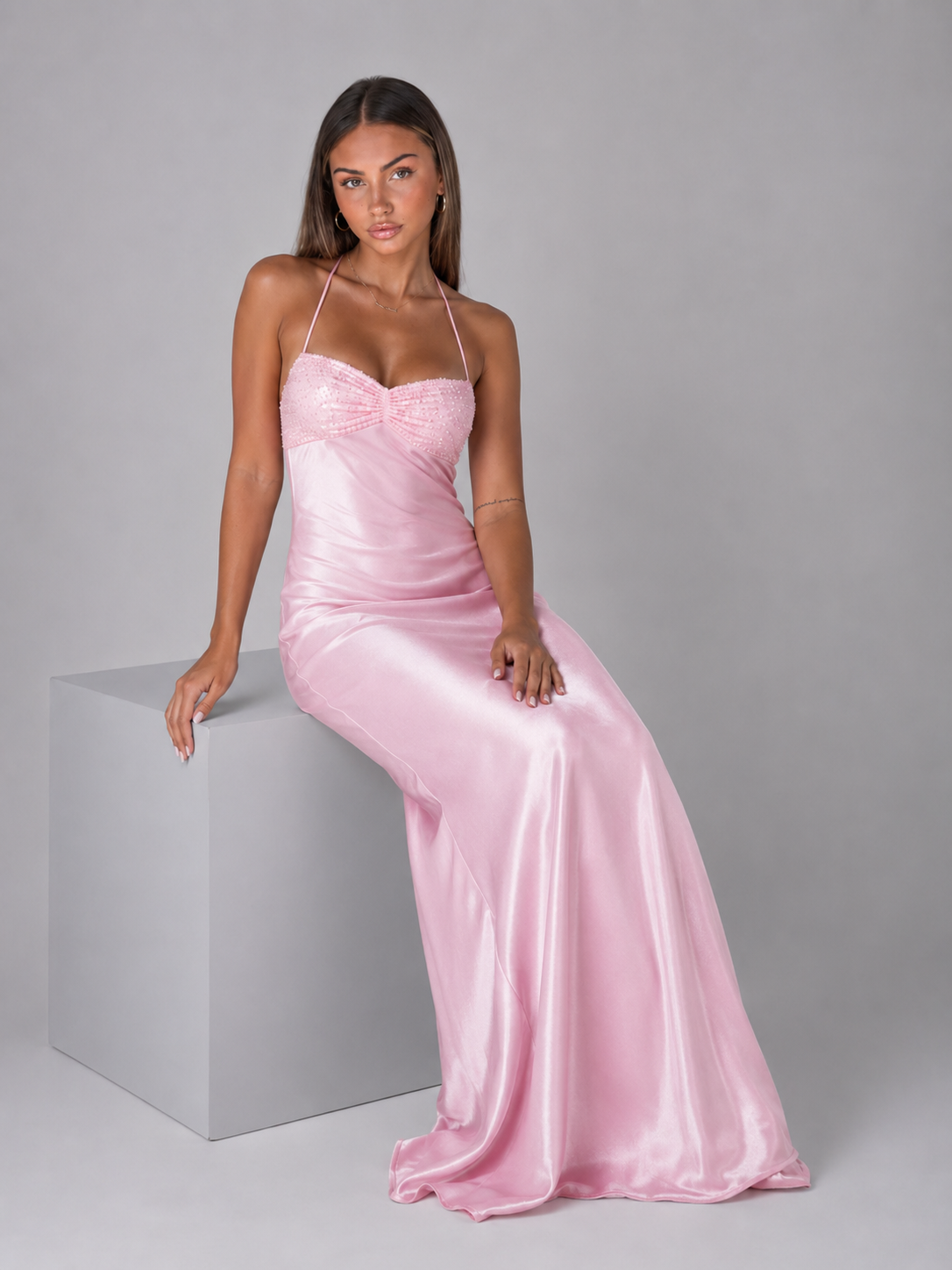 Pearl Beaded Satin Feel Maxi Dress Evening Women