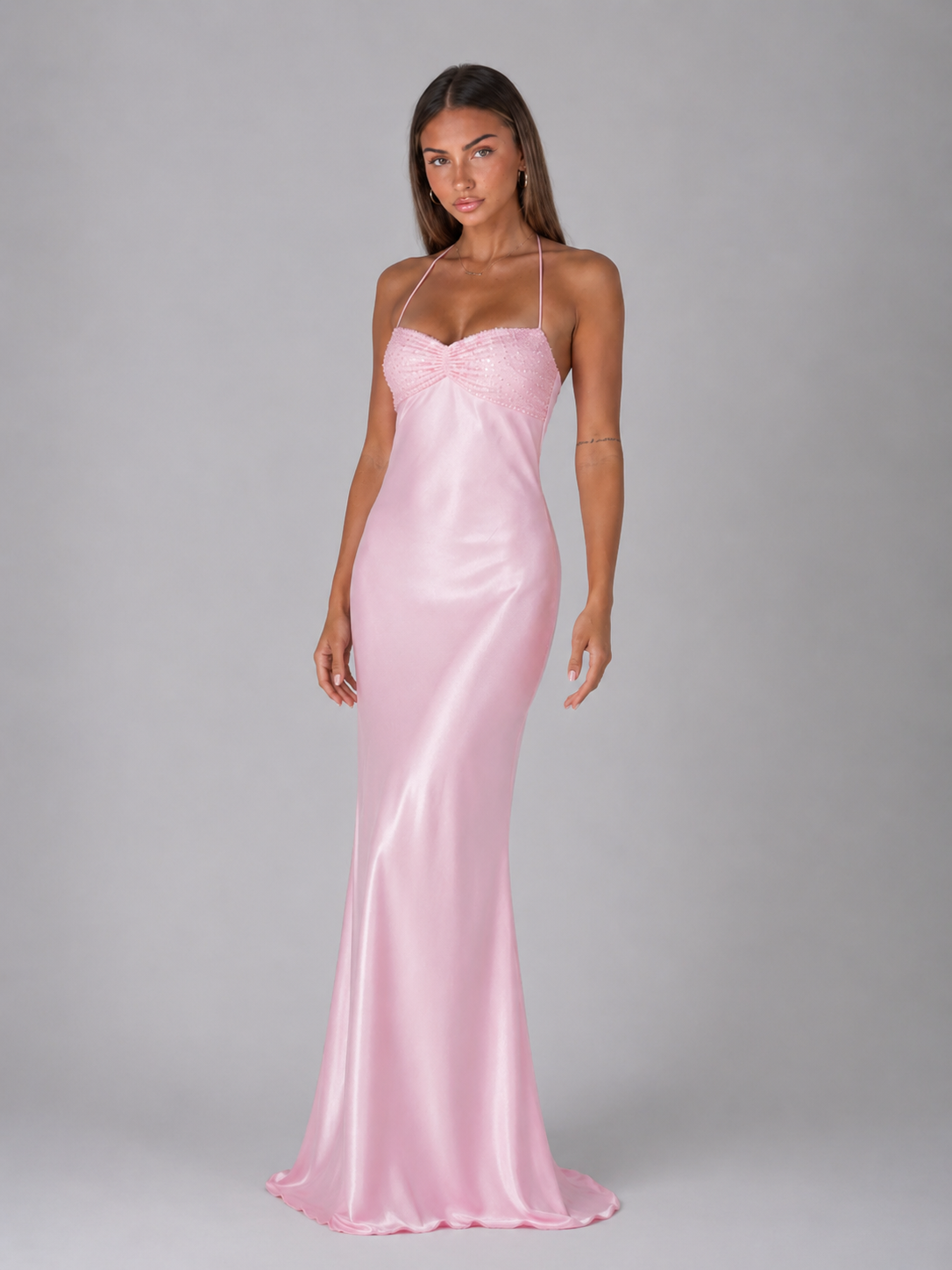 Pearl Beaded Satin Feel Maxi Dress Evening Women