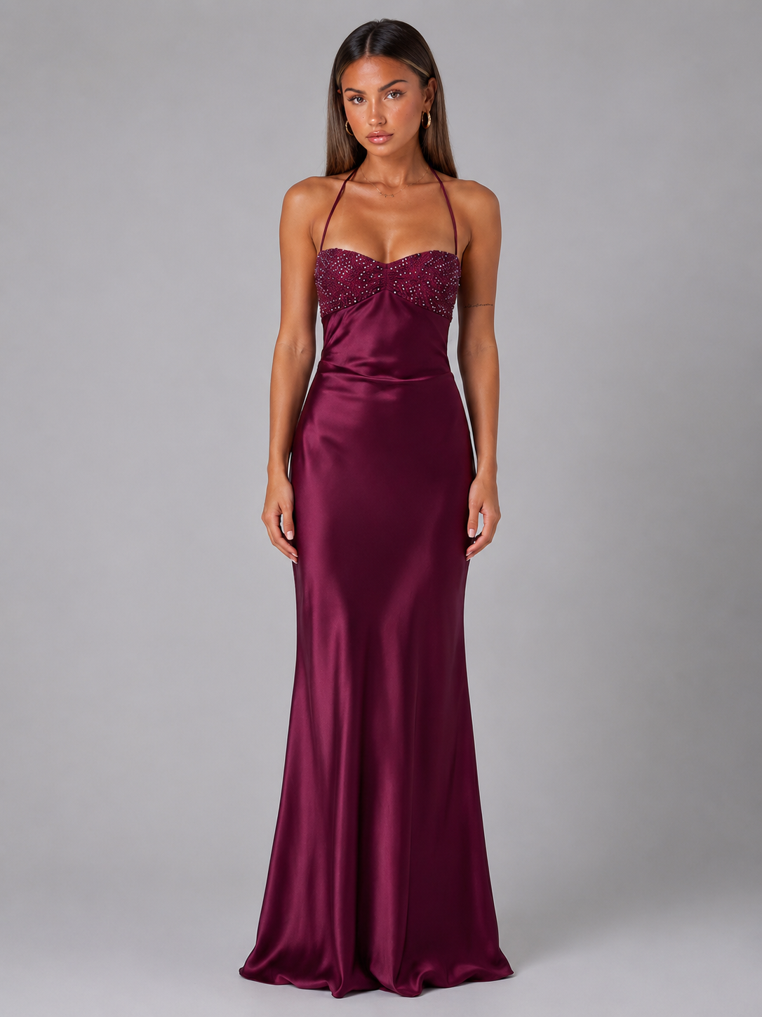 Pearl Beaded Satin Feel Maxi Dress Evening Women