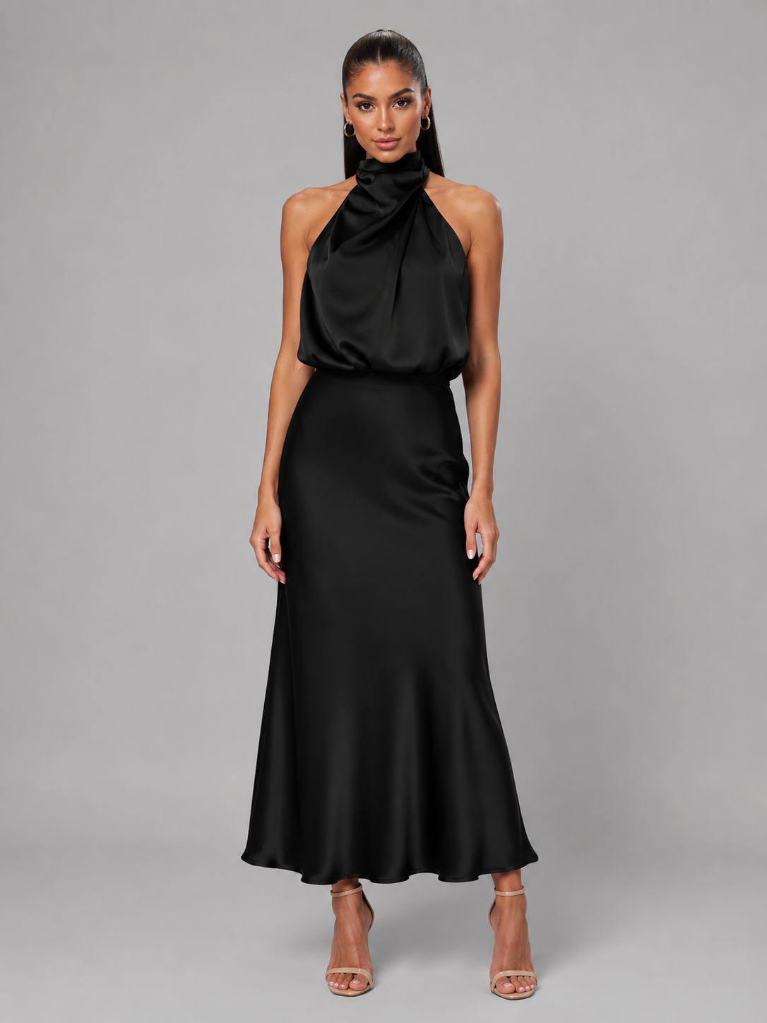 Satin Feel High Neck Midi Dress Wedding Guest