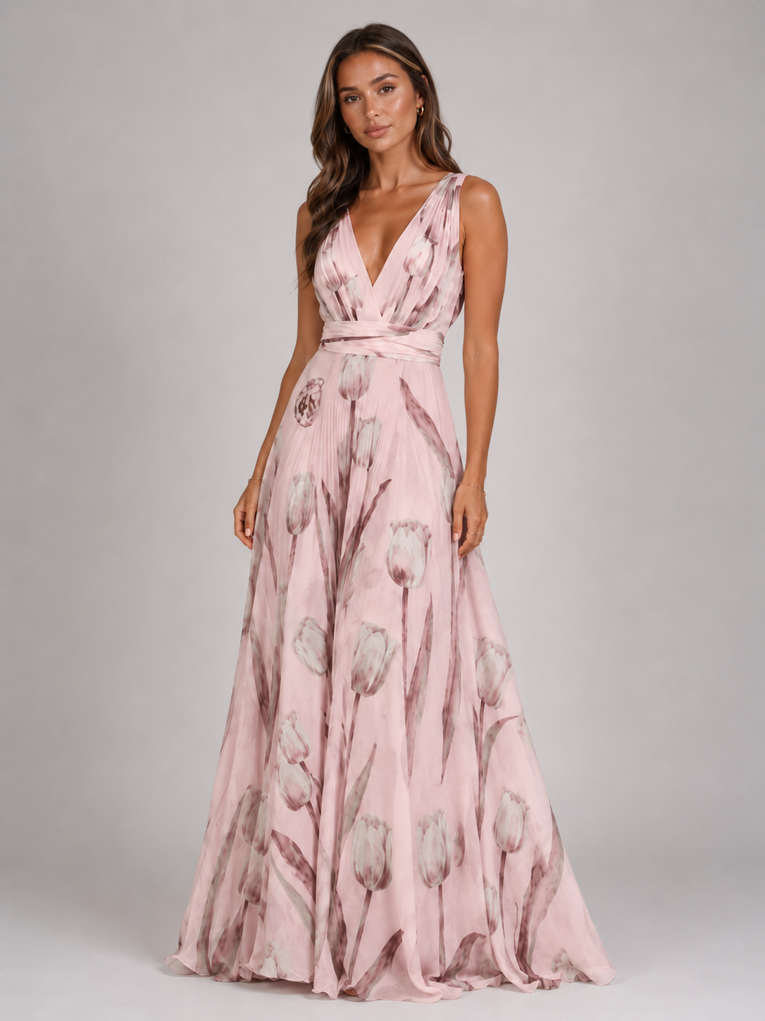 Floral V Neck Cinched Maxi Dress Summer Women