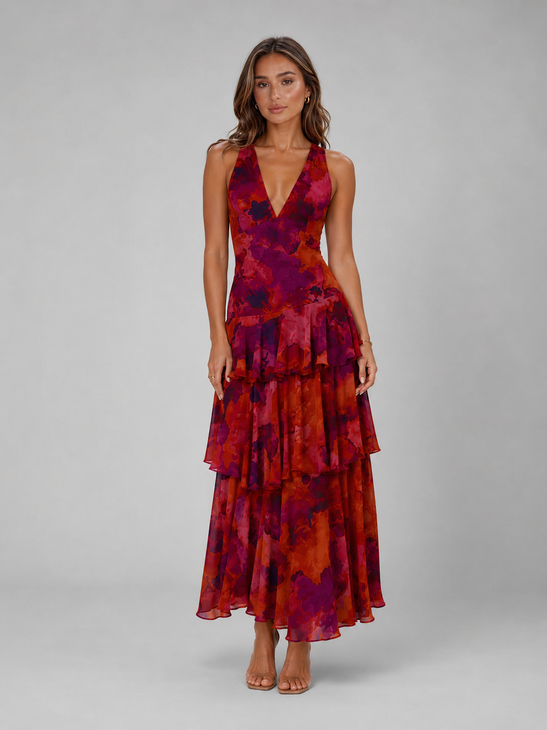V Neck Tiered Ruffle Maxi Dress Summer Women