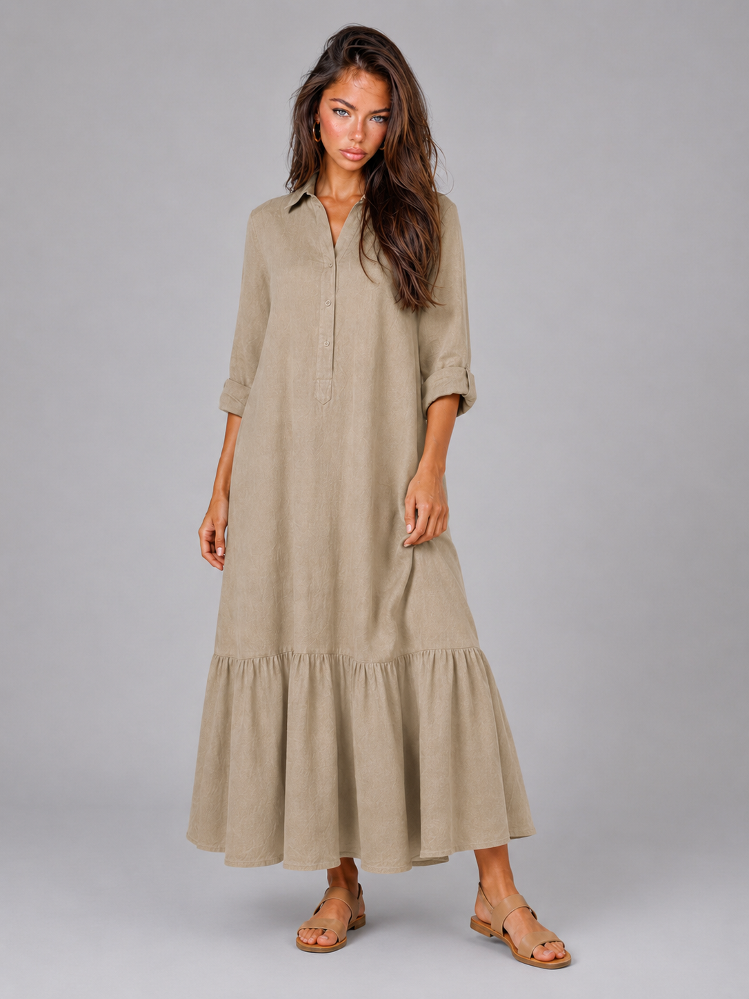 Cotton Blend Tiered Maxi Shirt Dress Summer Women