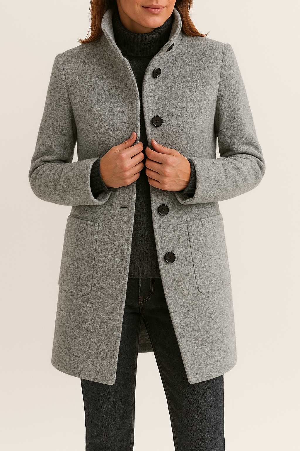 Women's Stand Collar Button Front Coat Hip Length