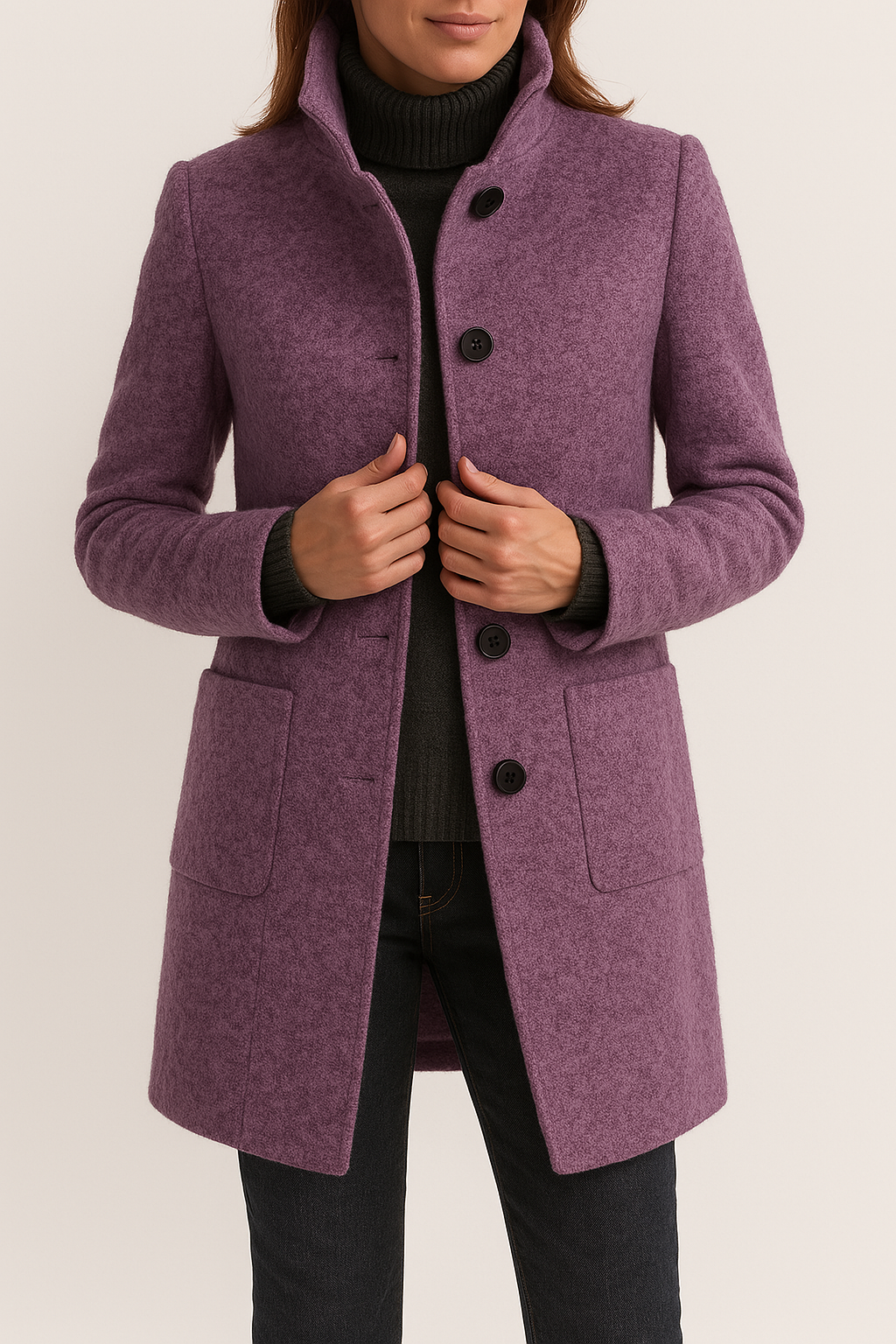 Women's Stand Collar Button Front Coat Hip Length