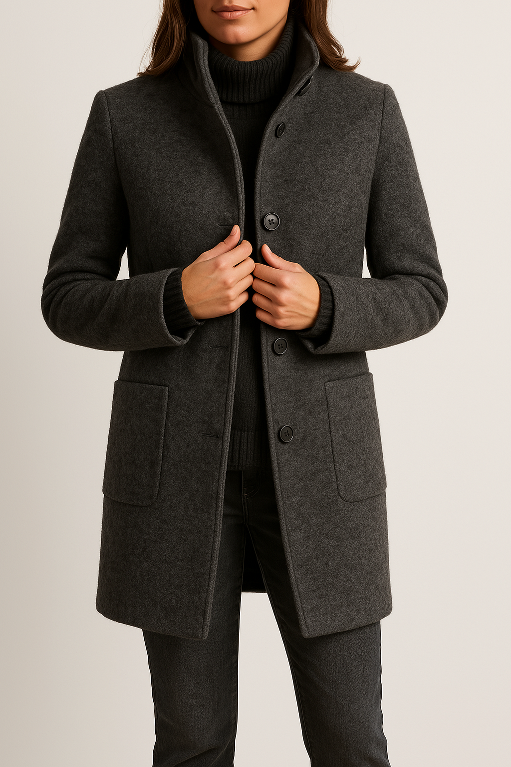 Women's Stand Collar Button Front Coat Hip Length