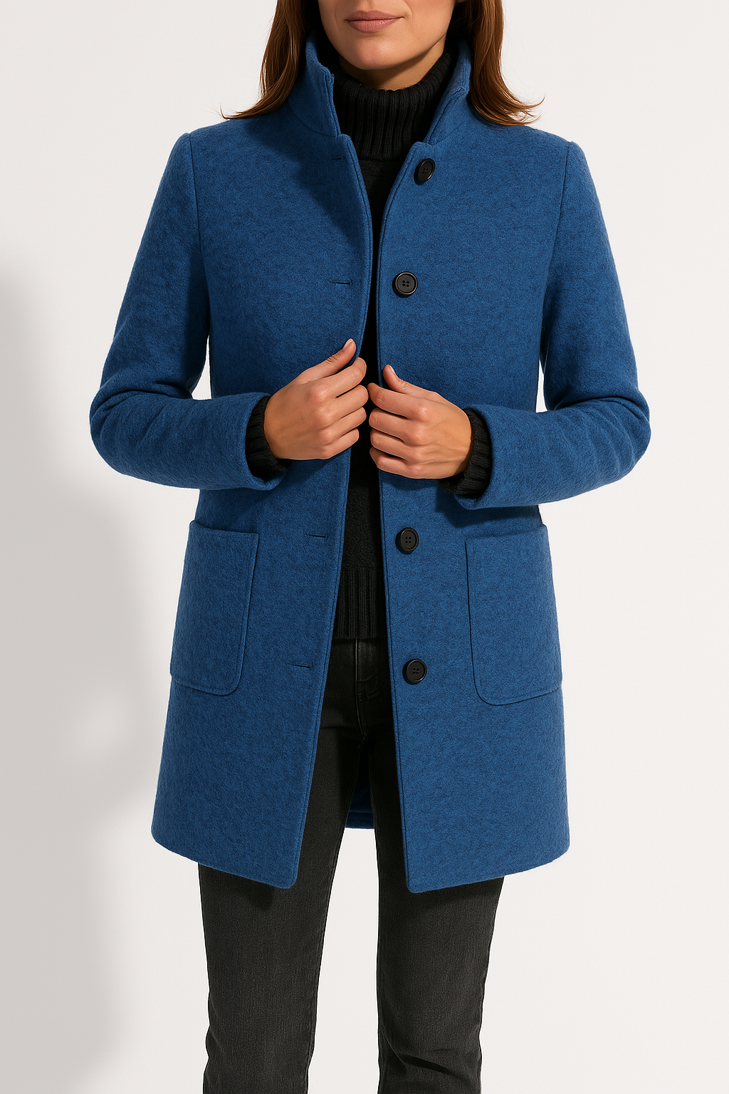 Women's Stand Collar Button Front Coat Hip Length