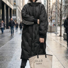 Women's Long Quilted Hooded Coat with Stripe Detail