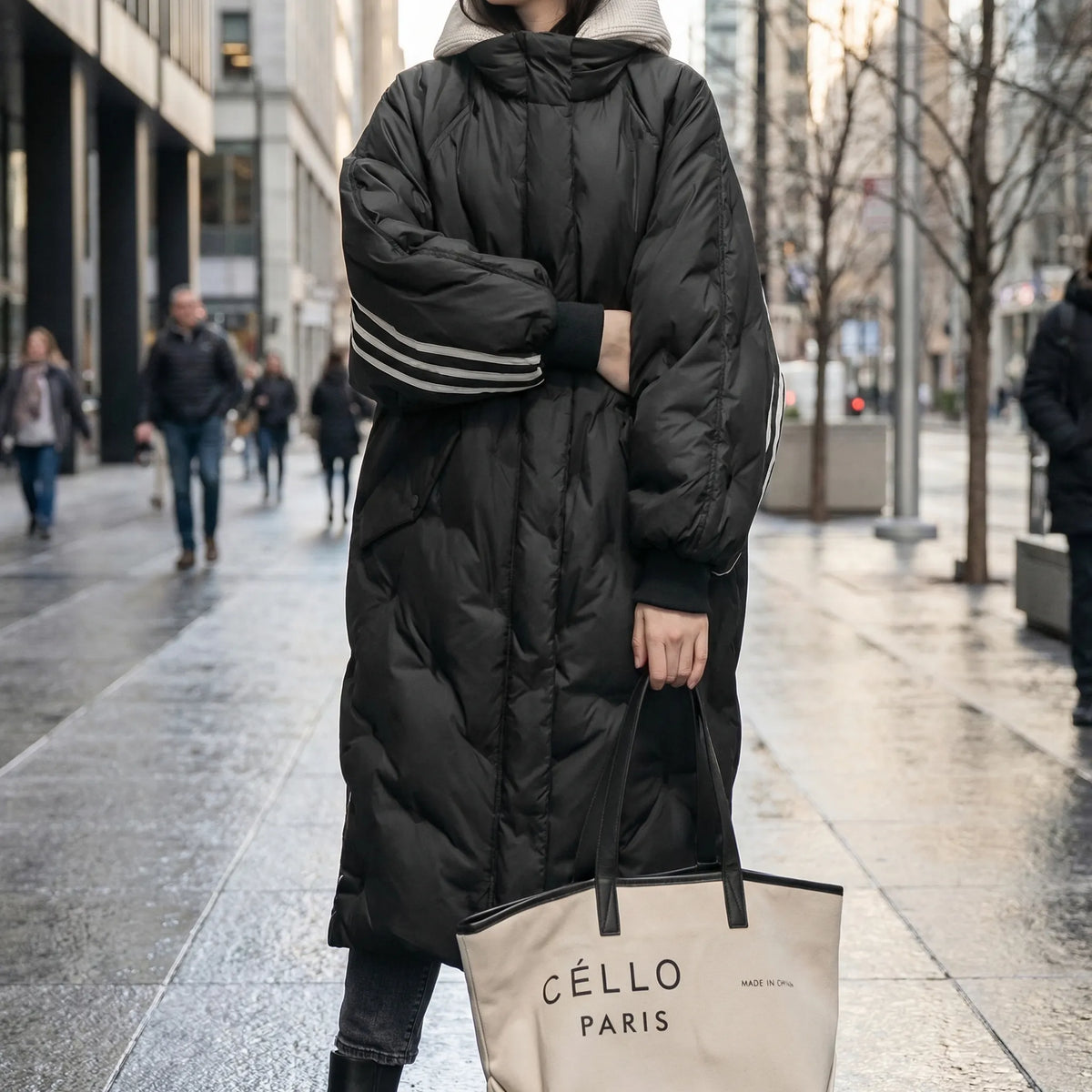 Women's Long Quilted Hooded Coat with Stripe Detail