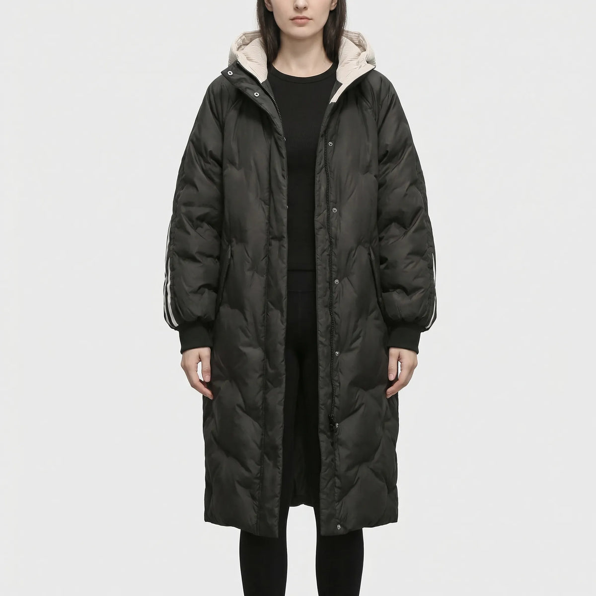 Women's Long Quilted Hooded Coat with Stripe Detail