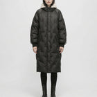 Women's Long Quilted Hooded Coat with Stripe Detail