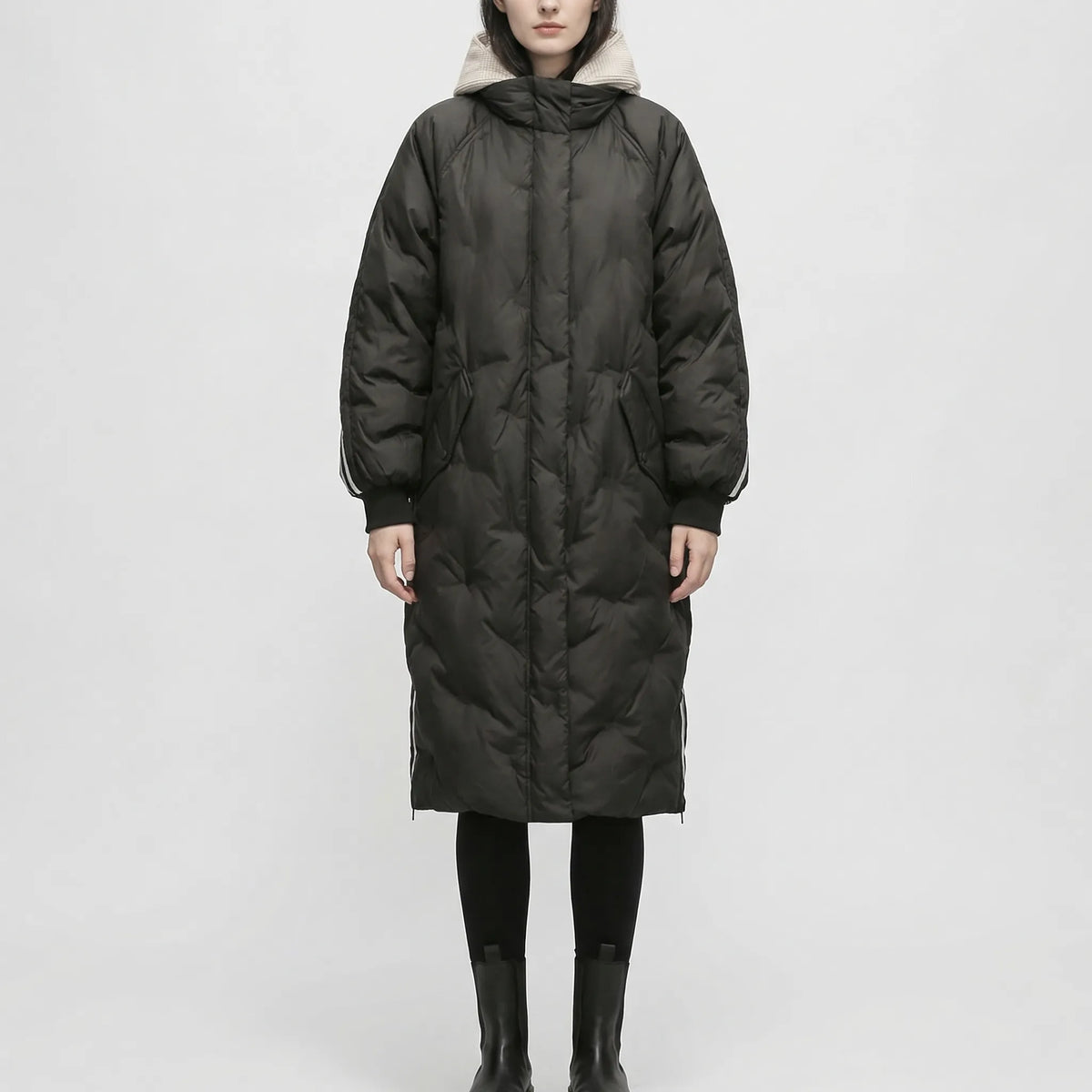 Women's Long Quilted Hooded Coat with Stripe Detail