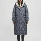 Women's Long Quilted Hooded Coat with Stripe Detail