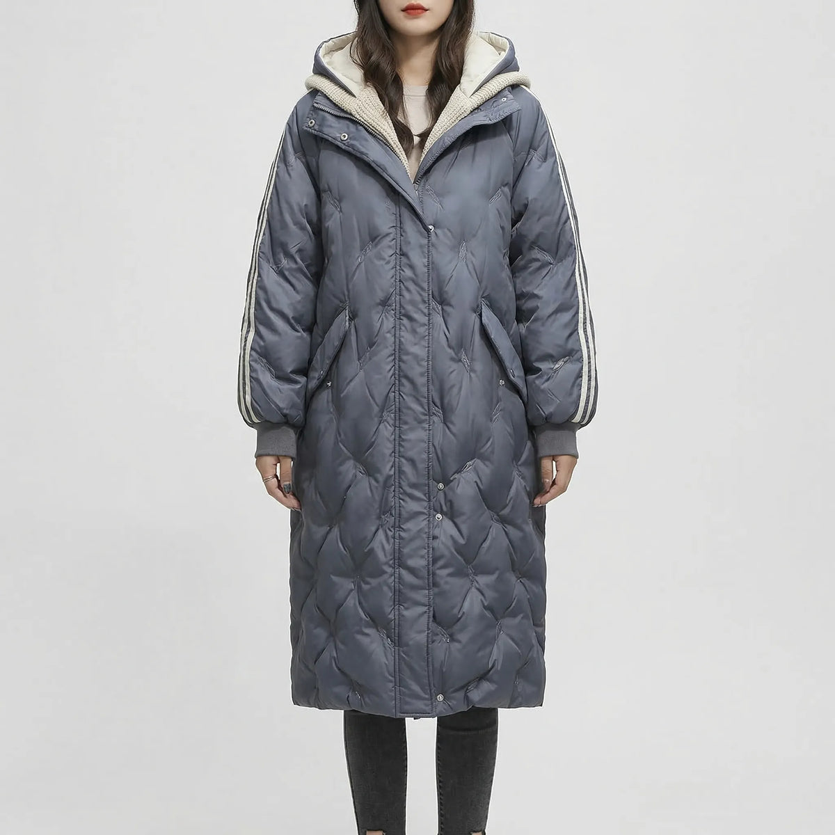 Women's Long Quilted Hooded Coat with Stripe Detail