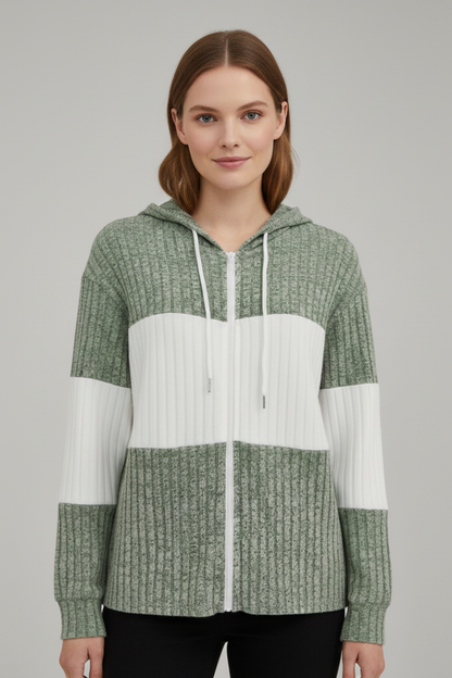 Women’s Hooded Jacket with Zipper and Ribbed Panels