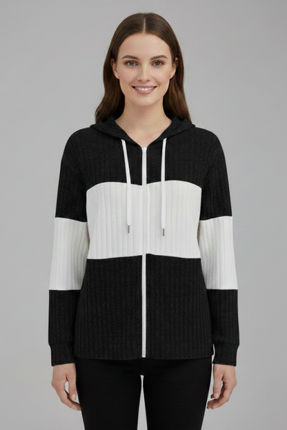 Women’s Hooded Jacket with Zipper and Ribbed Panels